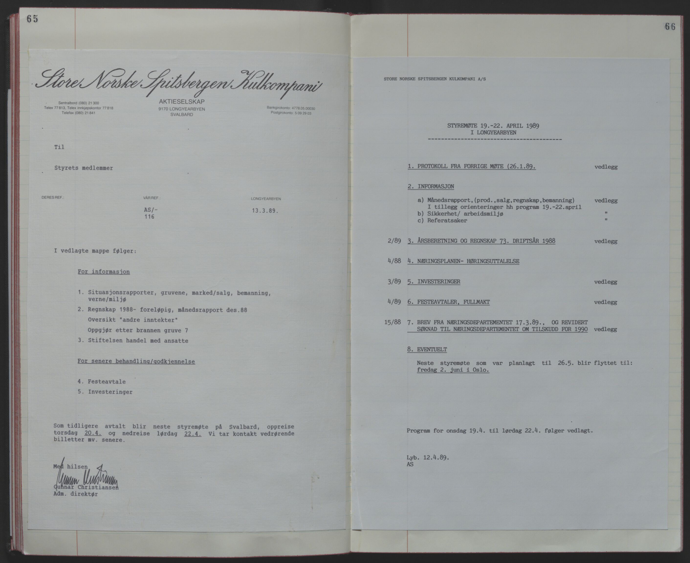 Store Norske Spitsbergen Kulkompani A/S, AV/SATØ-P-0073/09/A/Ab/Aba/L0003: Styreprotokoll 8, 1987-1994, p. 65-66