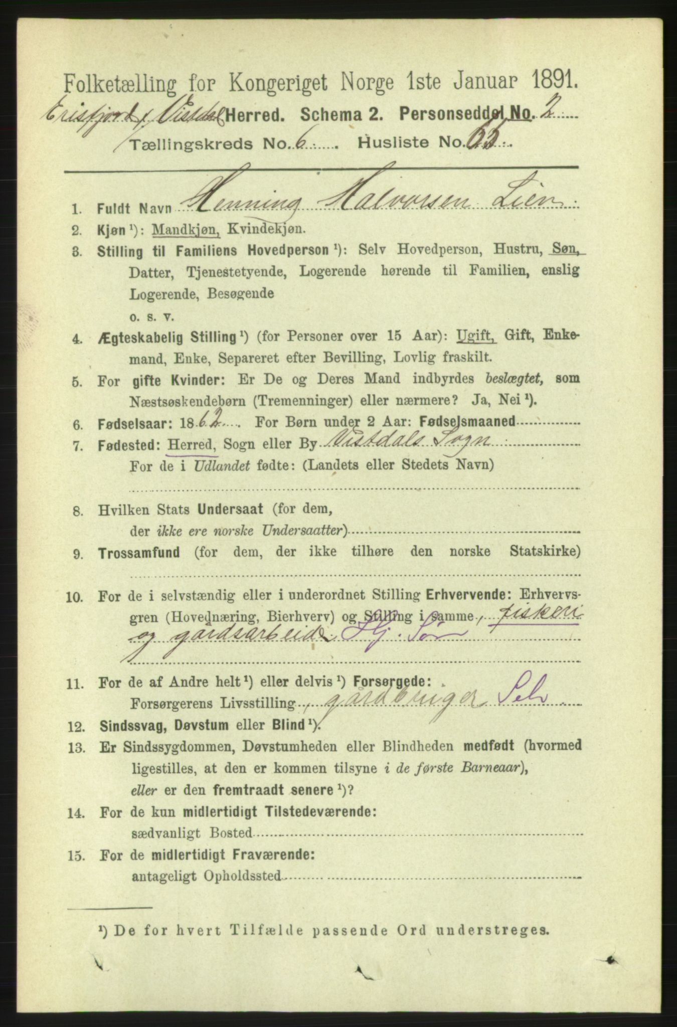 RA, 1891 census for 1542 Eresfjord og Vistdal, 1891, p. 1909