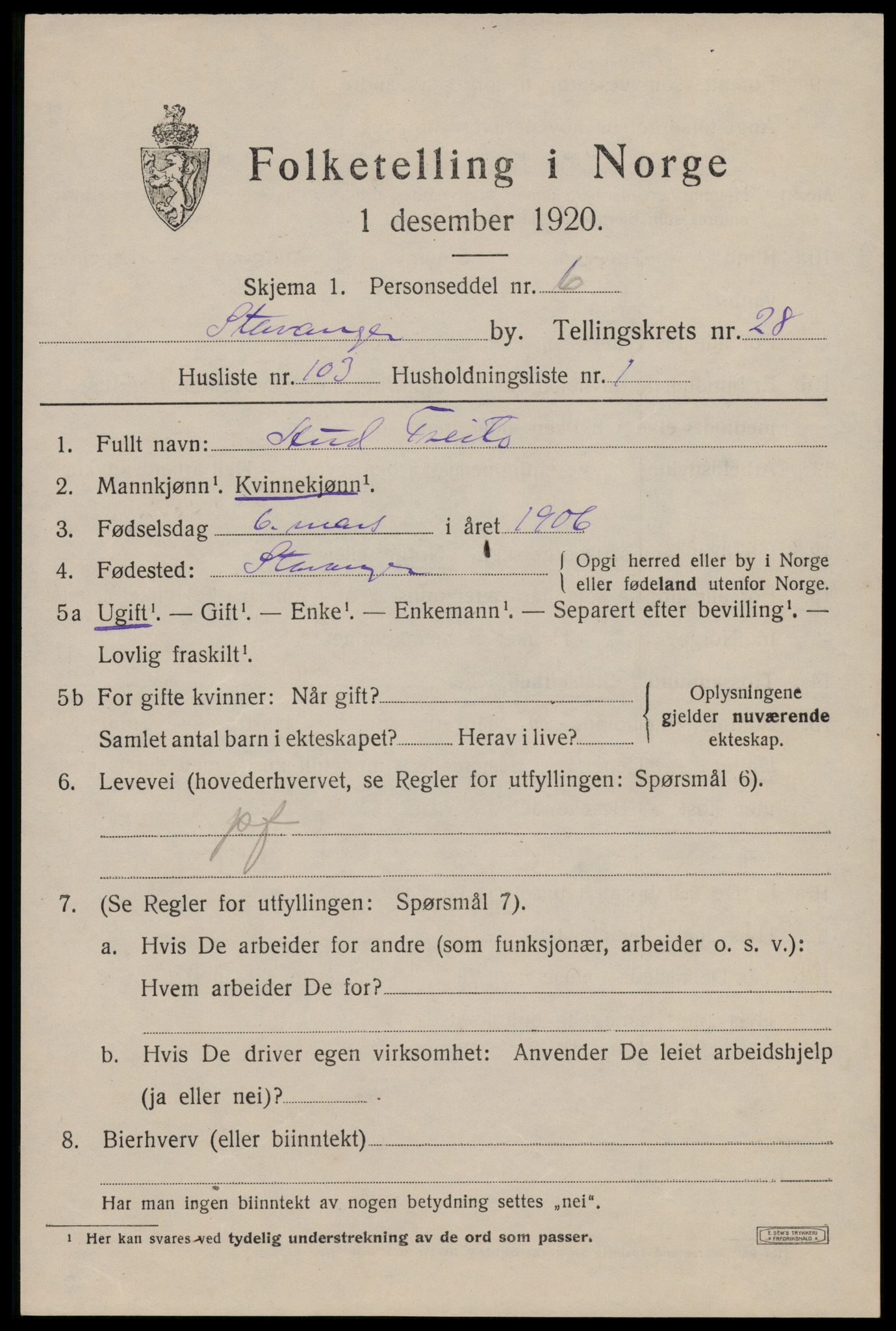 SAST, 1920 census for Stavanger, 1920, p. 82598