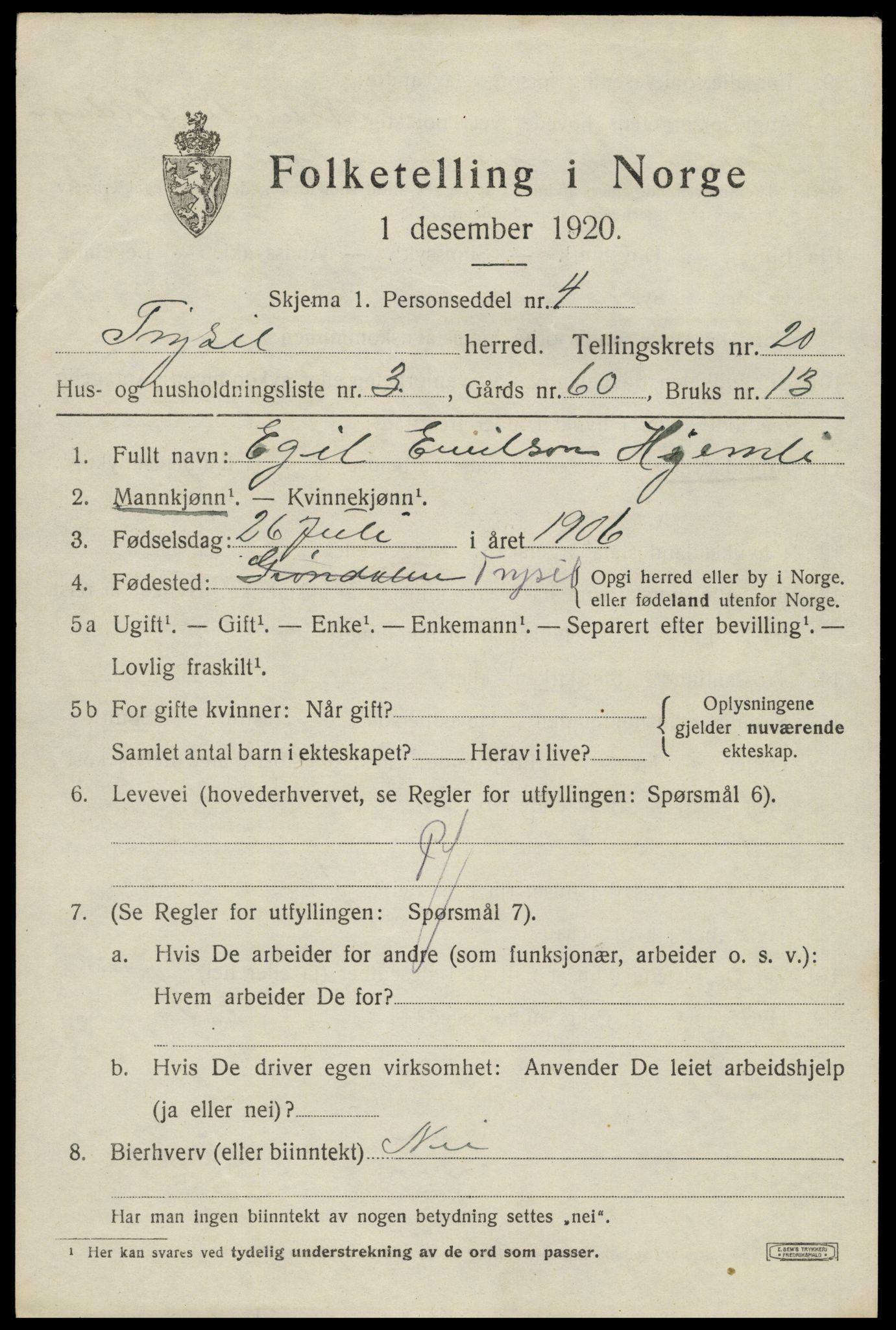 SAH, 1920 census for Trysil, 1920, p. 13031