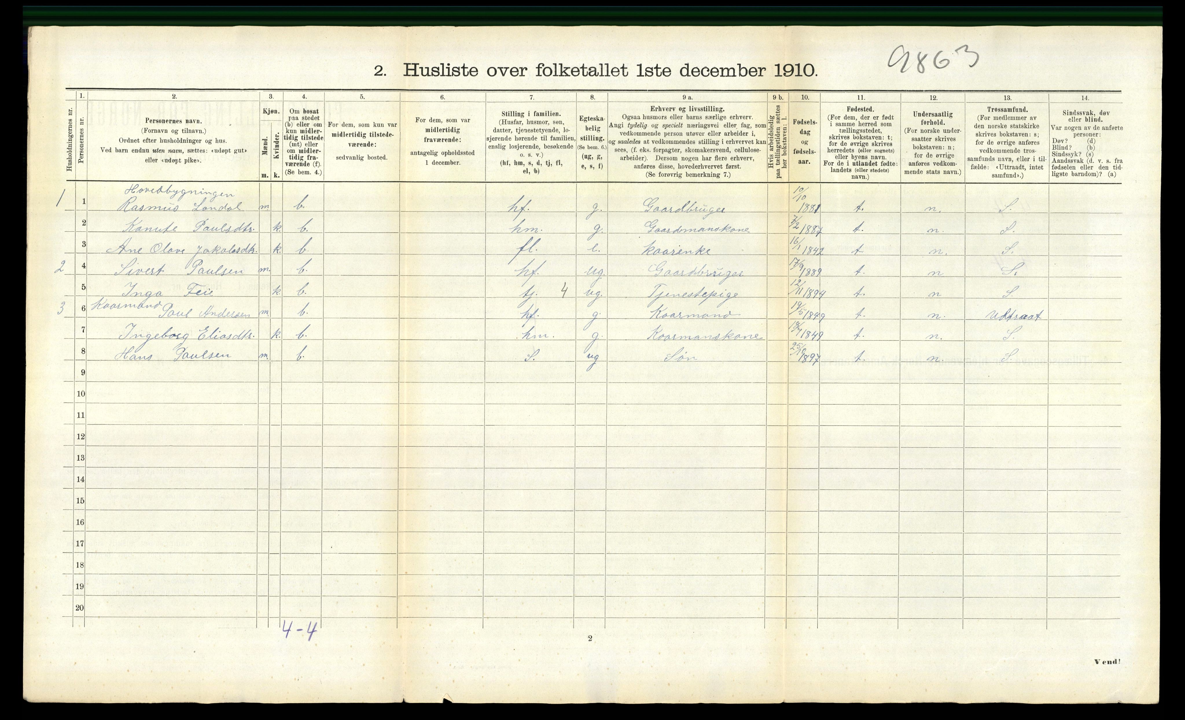 RA, 1910 census for Volda, 1910, p. 1631