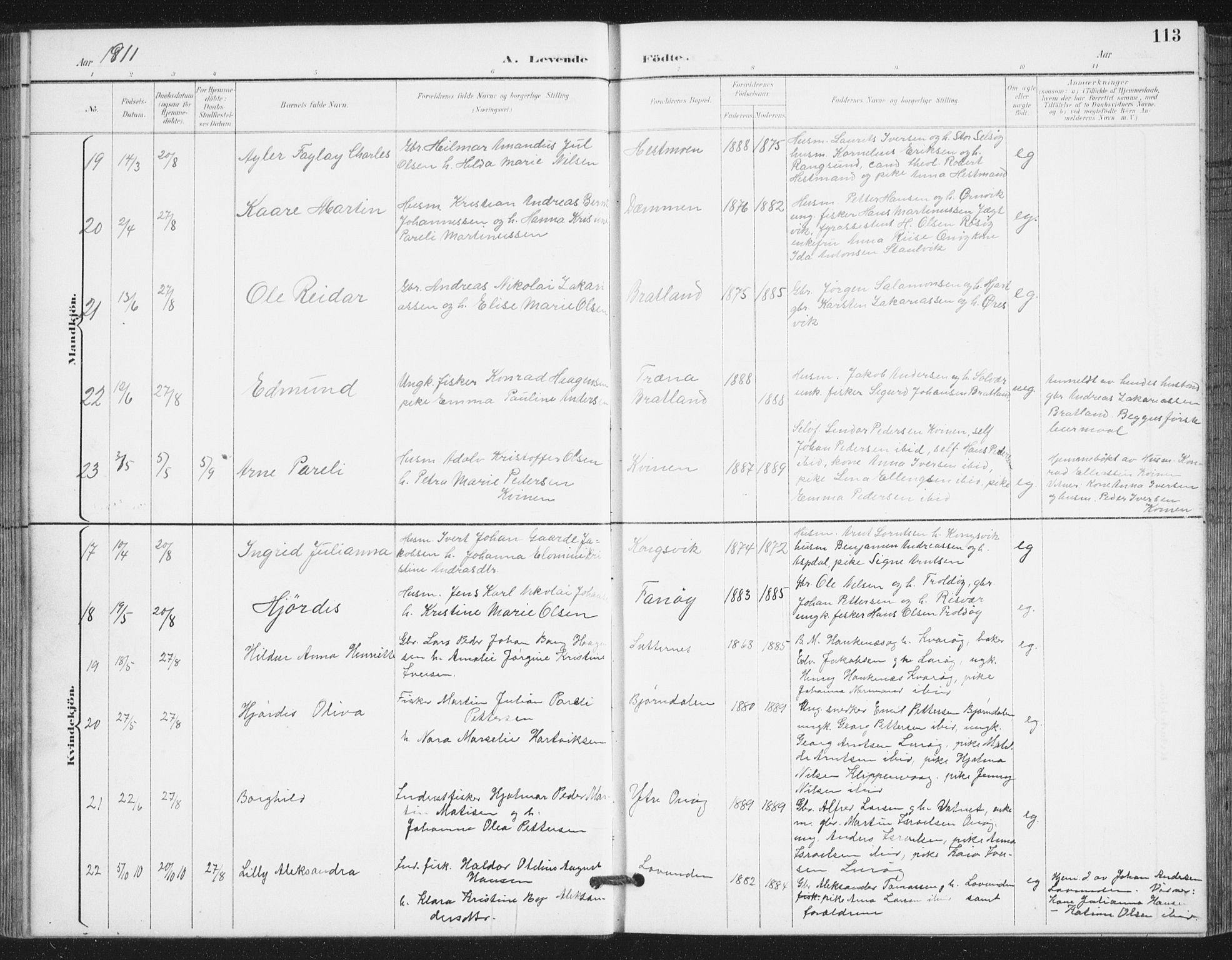 Ministerialprotokoller, klokkerbøker og fødselsregistre - Nordland, AV/SAT-A-1459/839/L0573: Parish register (copy) no. 839C03, 1892-1917, p. 113