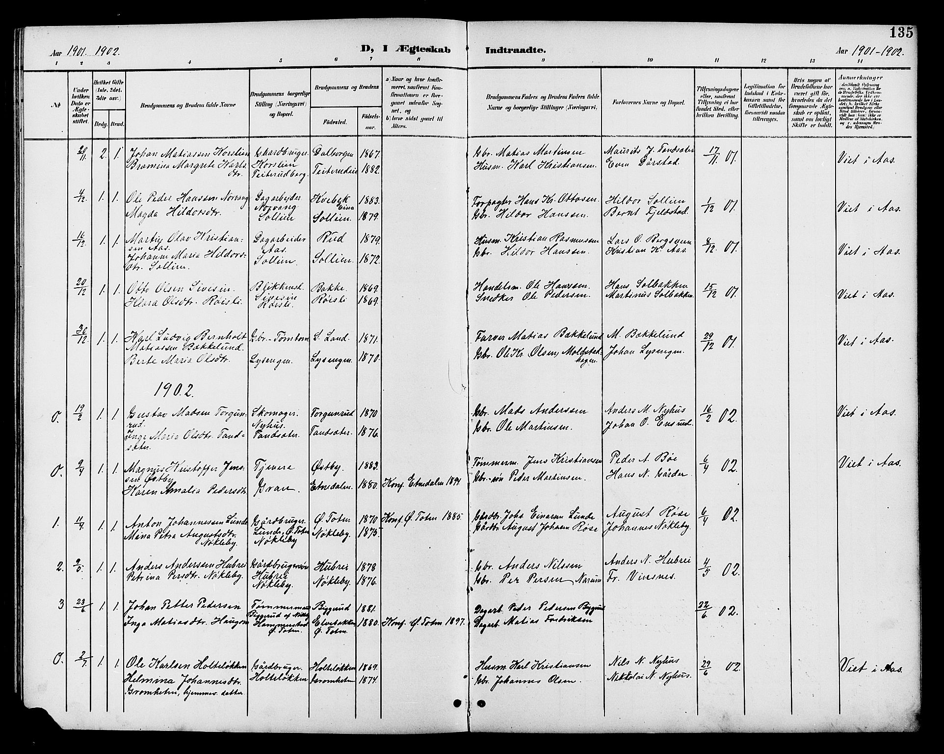 Vestre Toten prestekontor, AV/SAH-PREST-108/H/Ha/Hab/L0011: Parish register (copy) no. 11, 1901-1911, p. 135