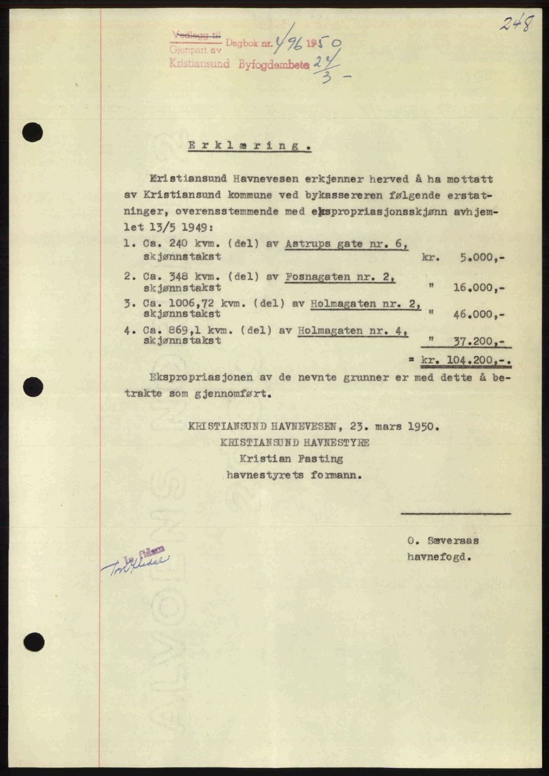 Kristiansund byfogd, AV/SAT-A-4587/A/27: Mortgage book no. 46, 1949-1950, Diary no: : 496/1950