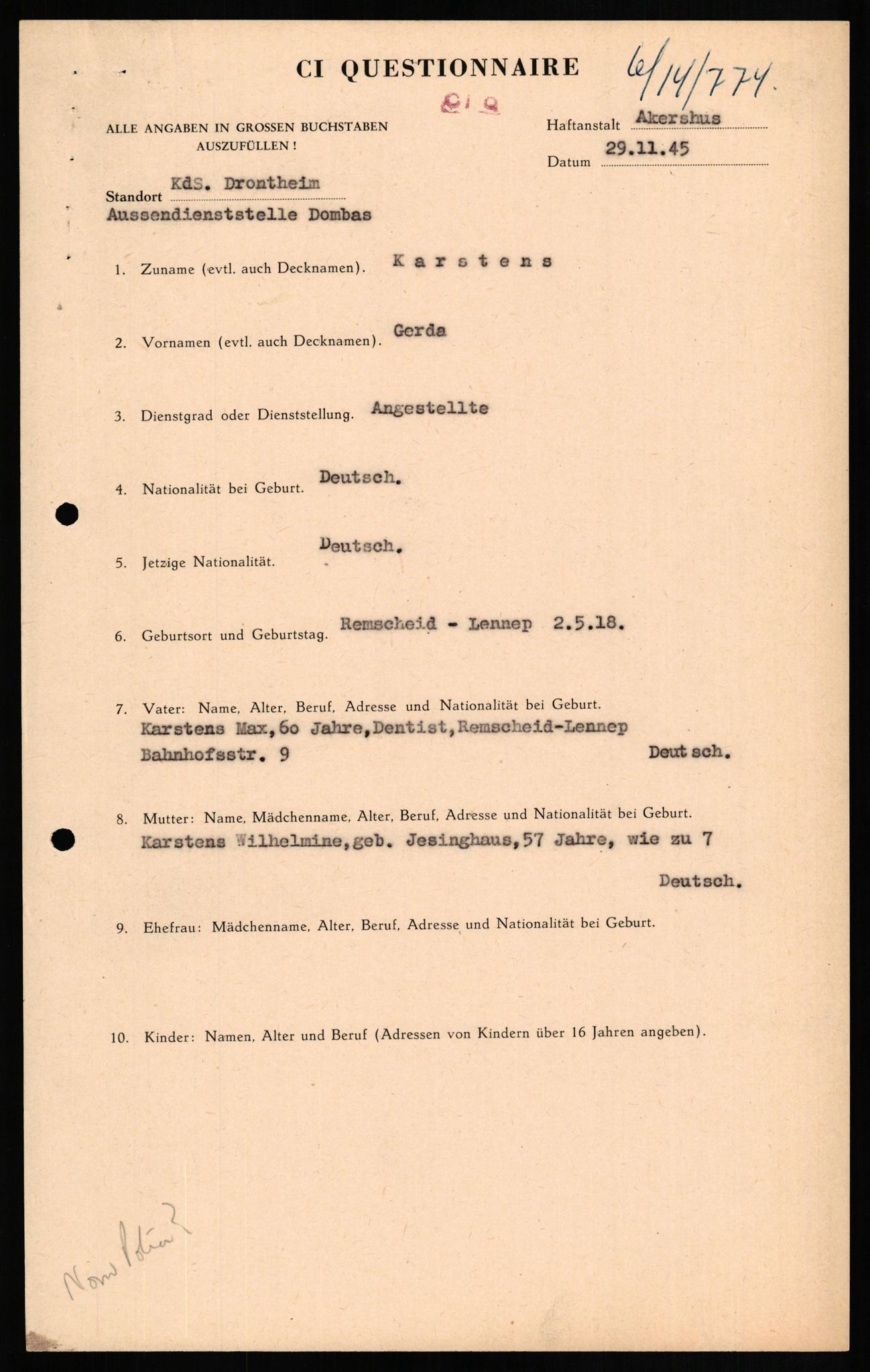 Forsvaret, Forsvarets overkommando II, RA/RAFA-3915/D/Db/L0015: CI Questionaires. Tyske okkupasjonsstyrker i Norge. Tyskere., 1945-1946, p. 415