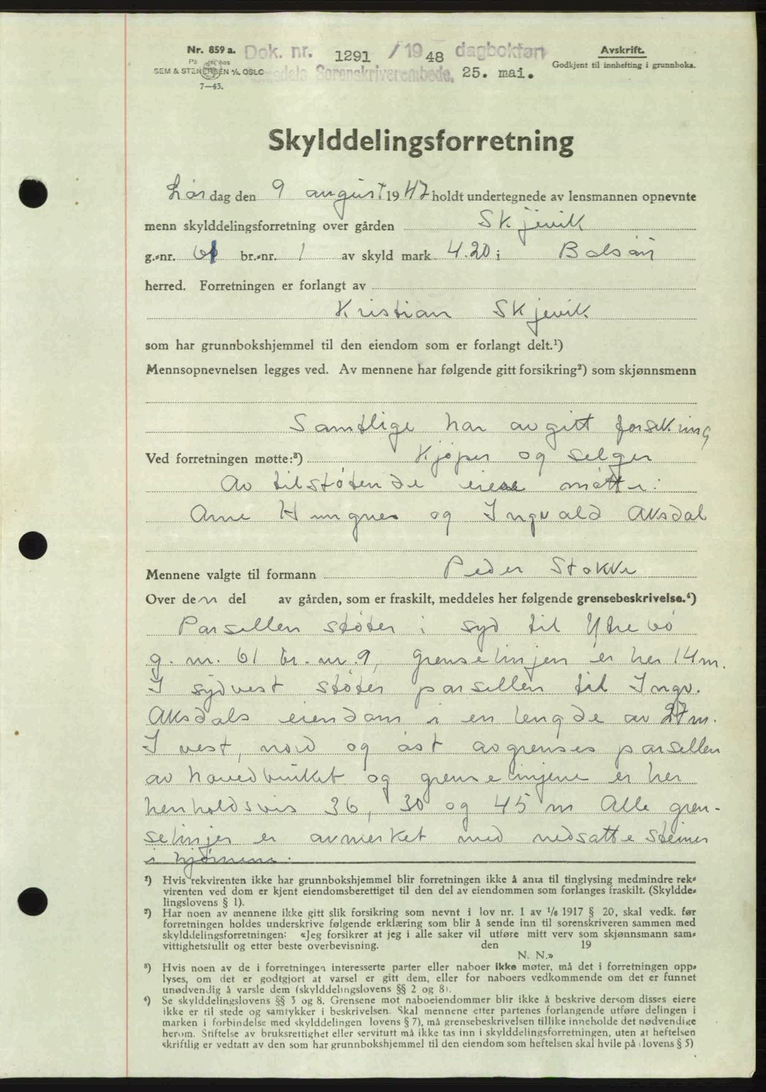 Romsdal sorenskriveri, AV/SAT-A-4149/1/2/2C: Mortgage book no. A26, 1948-1948, Diary no: : 1291/1948