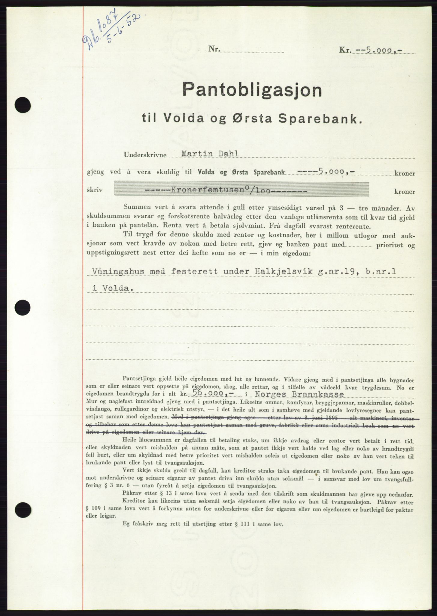 Søre Sunnmøre sorenskriveri, AV/SAT-A-4122/1/2/2C/L0121: Mortgage book no. 9B, 1951-1952, Diary no: : 1087/1952