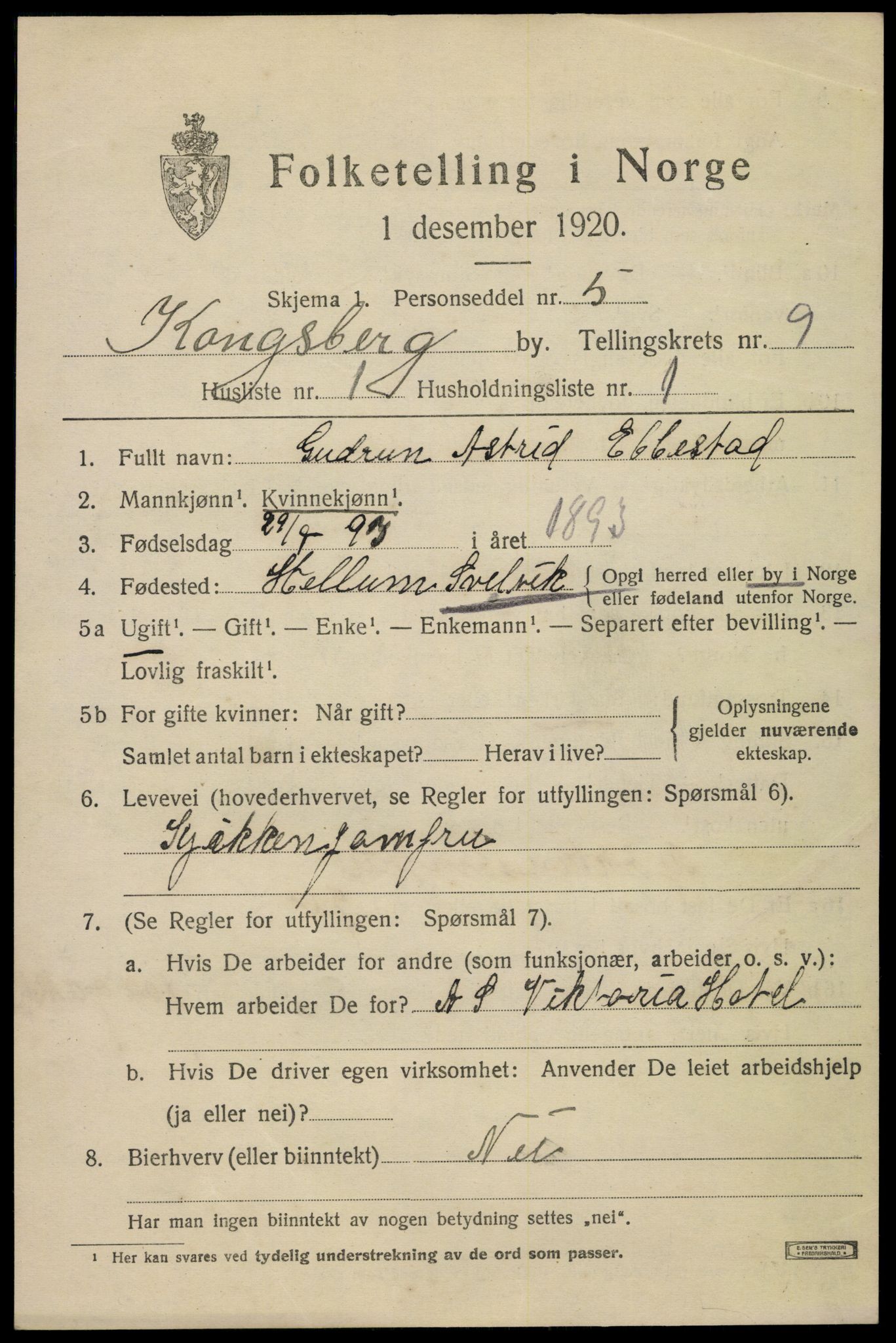 SAKO, 1920 census for Kongsberg, 1920, p. 18400