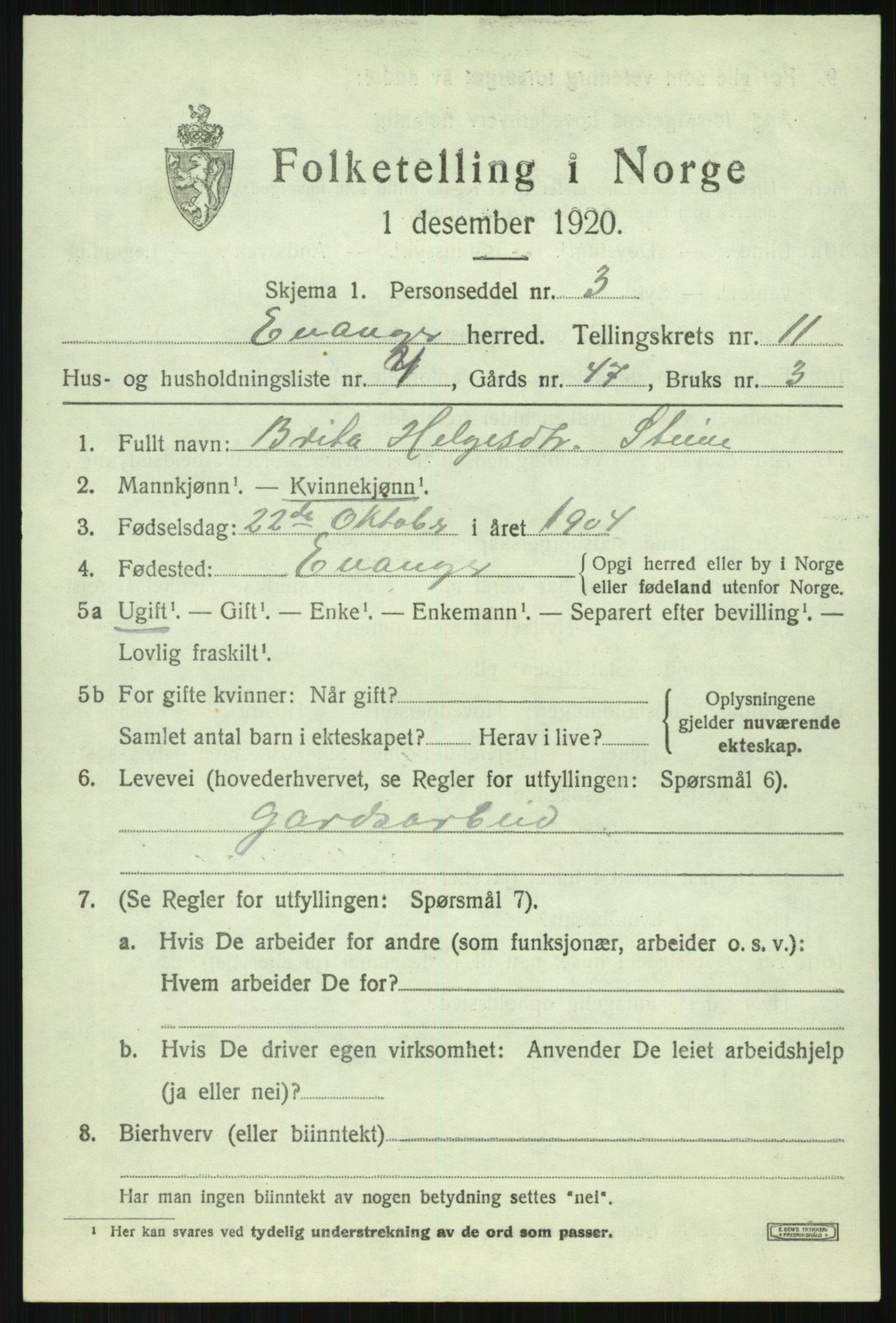 SAB, 1920 census for Evanger, 1920, p. 3637