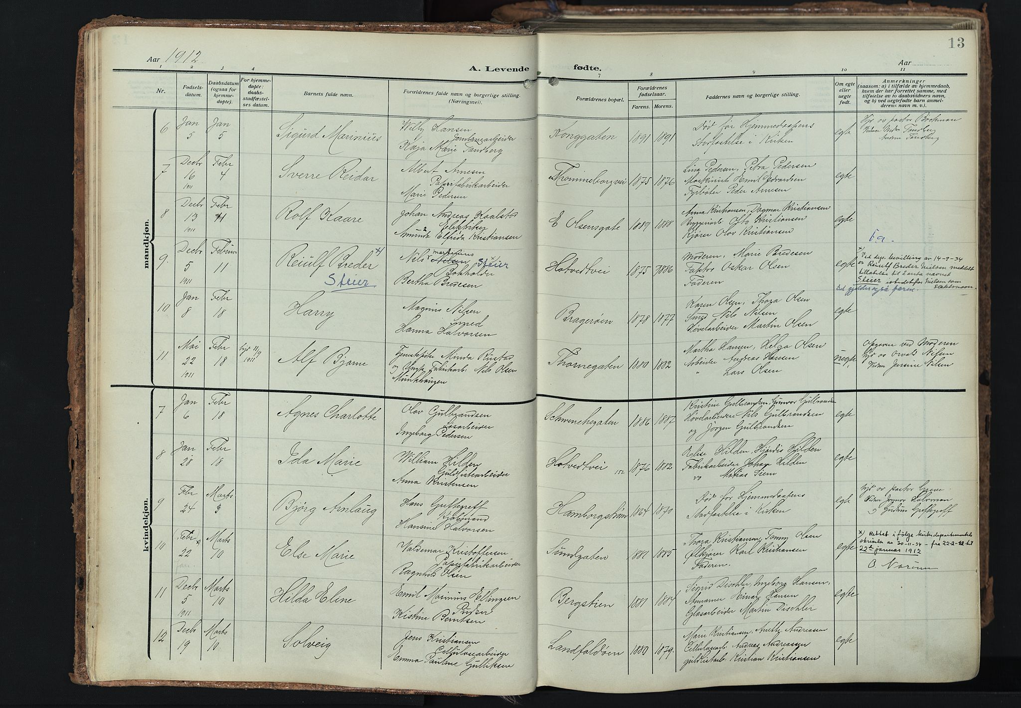 Bragernes kirkebøker, SAKO/A-6/F/Fb/L0010: Parish register (official) no. II 10, 1911-1922, p. 13