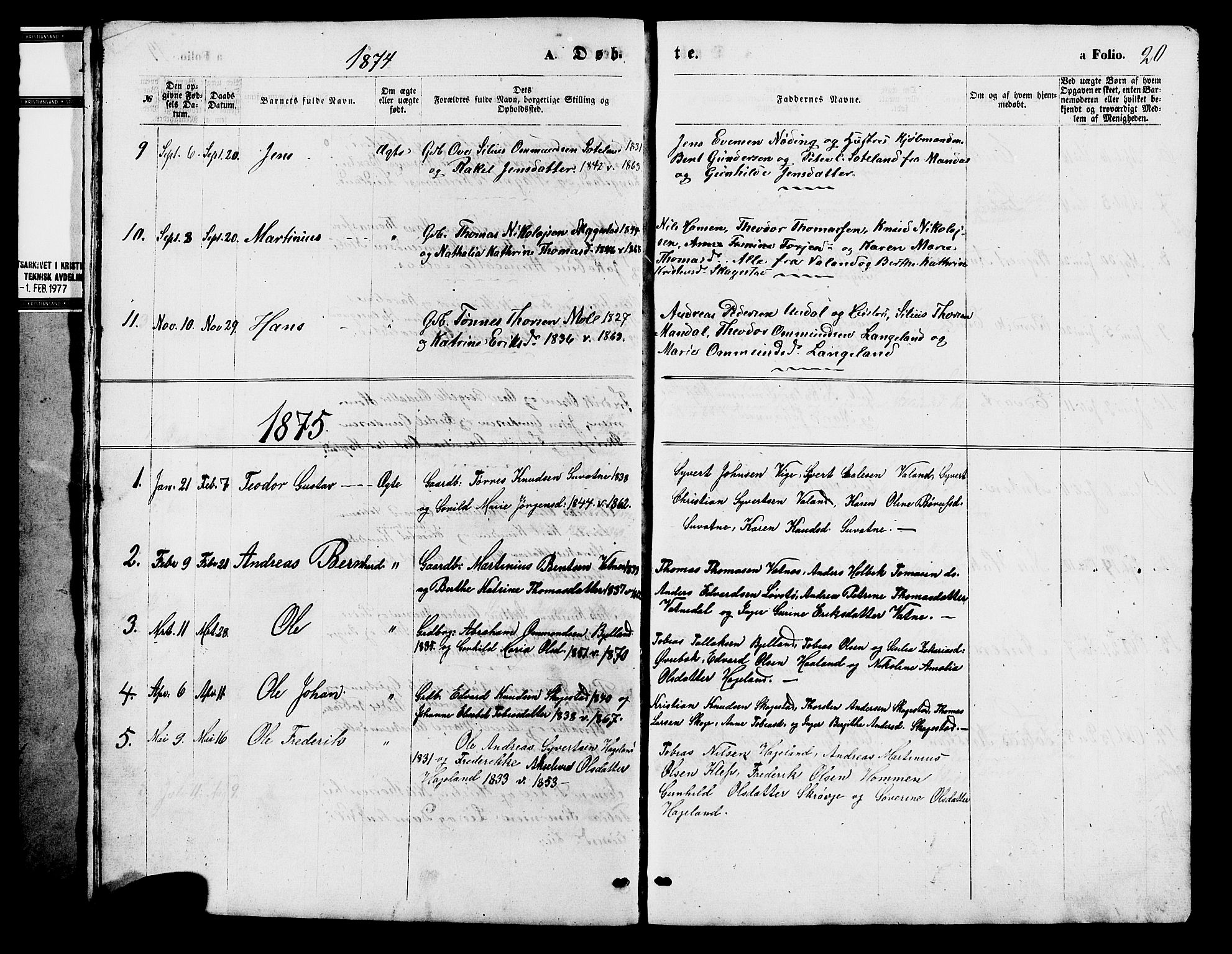 Holum sokneprestkontor, SAK/1111-0022/F/Fb/Fba/L0004: Parish register (copy) no. B 4, 1867-1890, p. 20