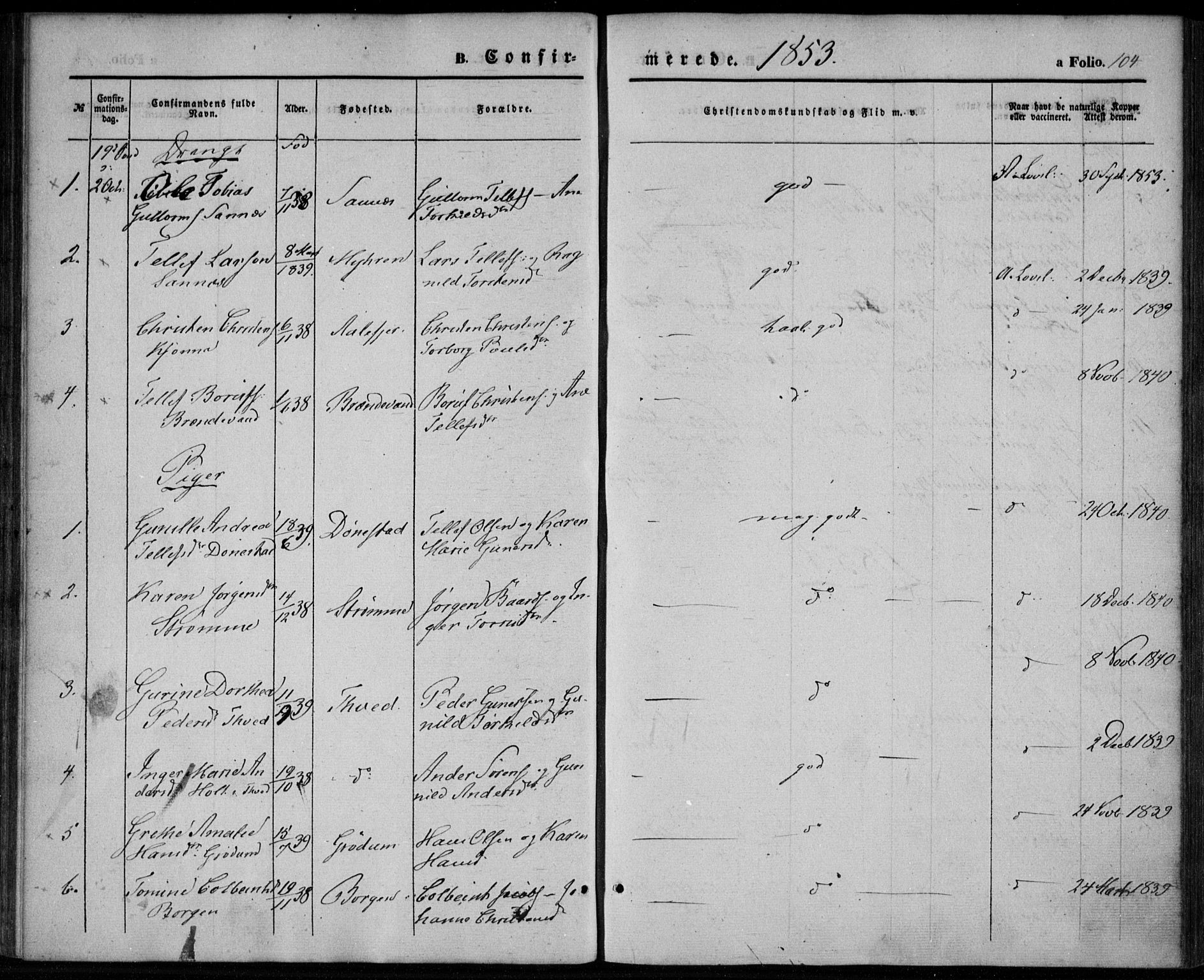 Tveit sokneprestkontor, AV/SAK-1111-0043/F/Fa/L0005: Parish register (official) no. A 5, 1853-1871, p. 104