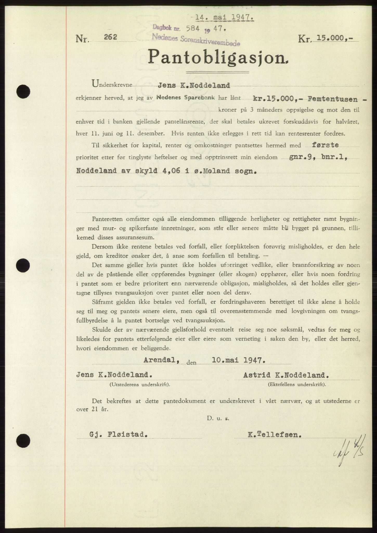 Nedenes sorenskriveri, AV/SAK-1221-0006/G/Gb/Gbb/L0004: Mortgage book no. B4, 1947-1947, Diary no: : 584/1947