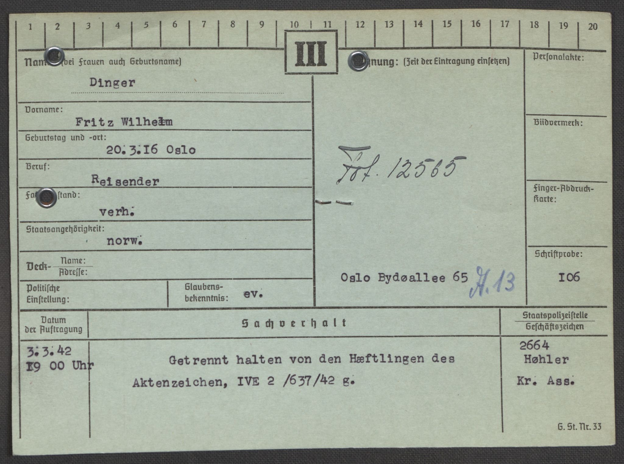 Befehlshaber der Sicherheitspolizei und des SD, AV/RA-RAFA-5969/E/Ea/Eaa/L0002: Register over norske fanger i Møllergata 19: Bj-Eng, 1940-1945, p. 1043