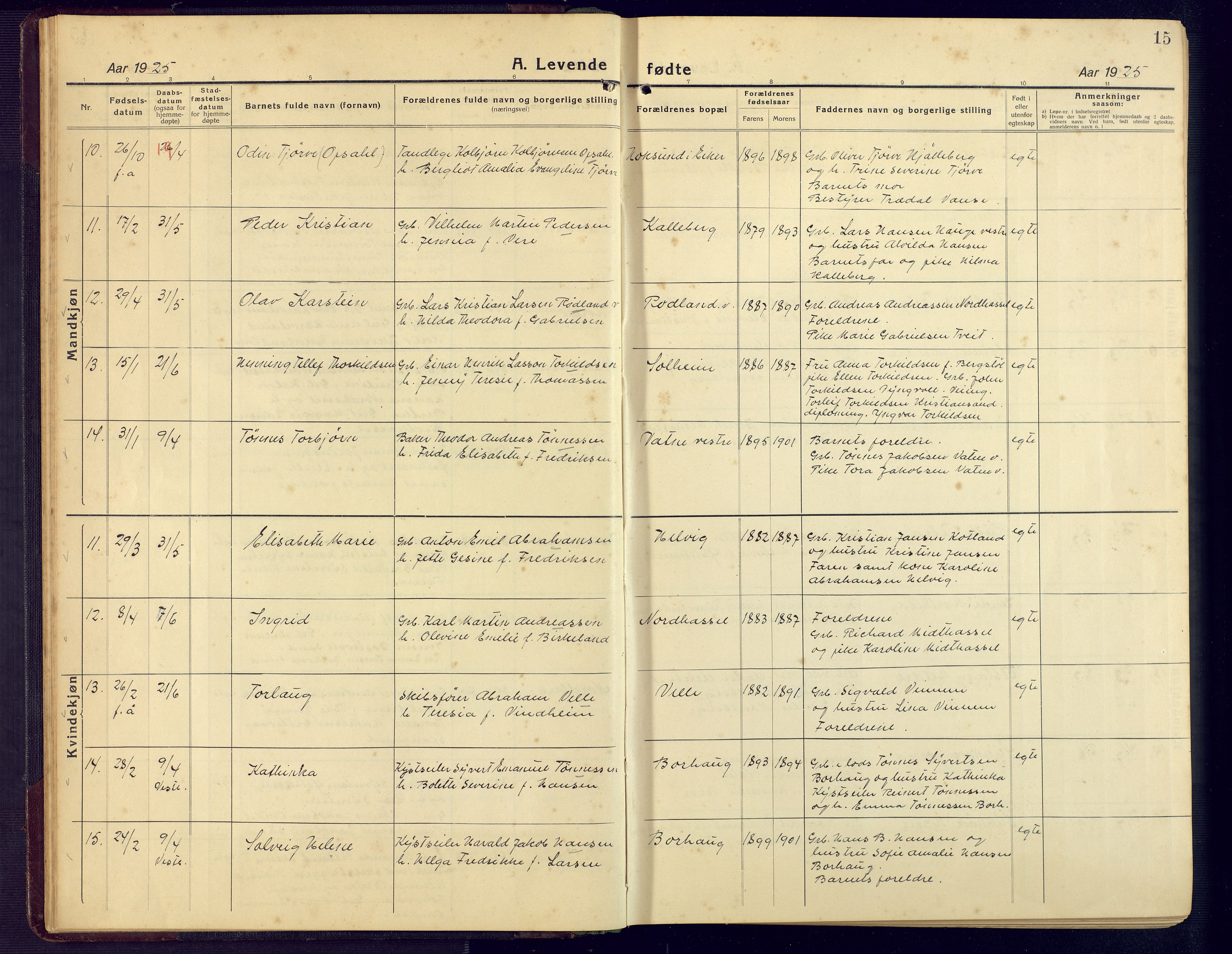 Lista sokneprestkontor, SAK/1111-0027/F/Fb/L0006: Parish register (copy) no. B 6, 1924-1947, p. 15