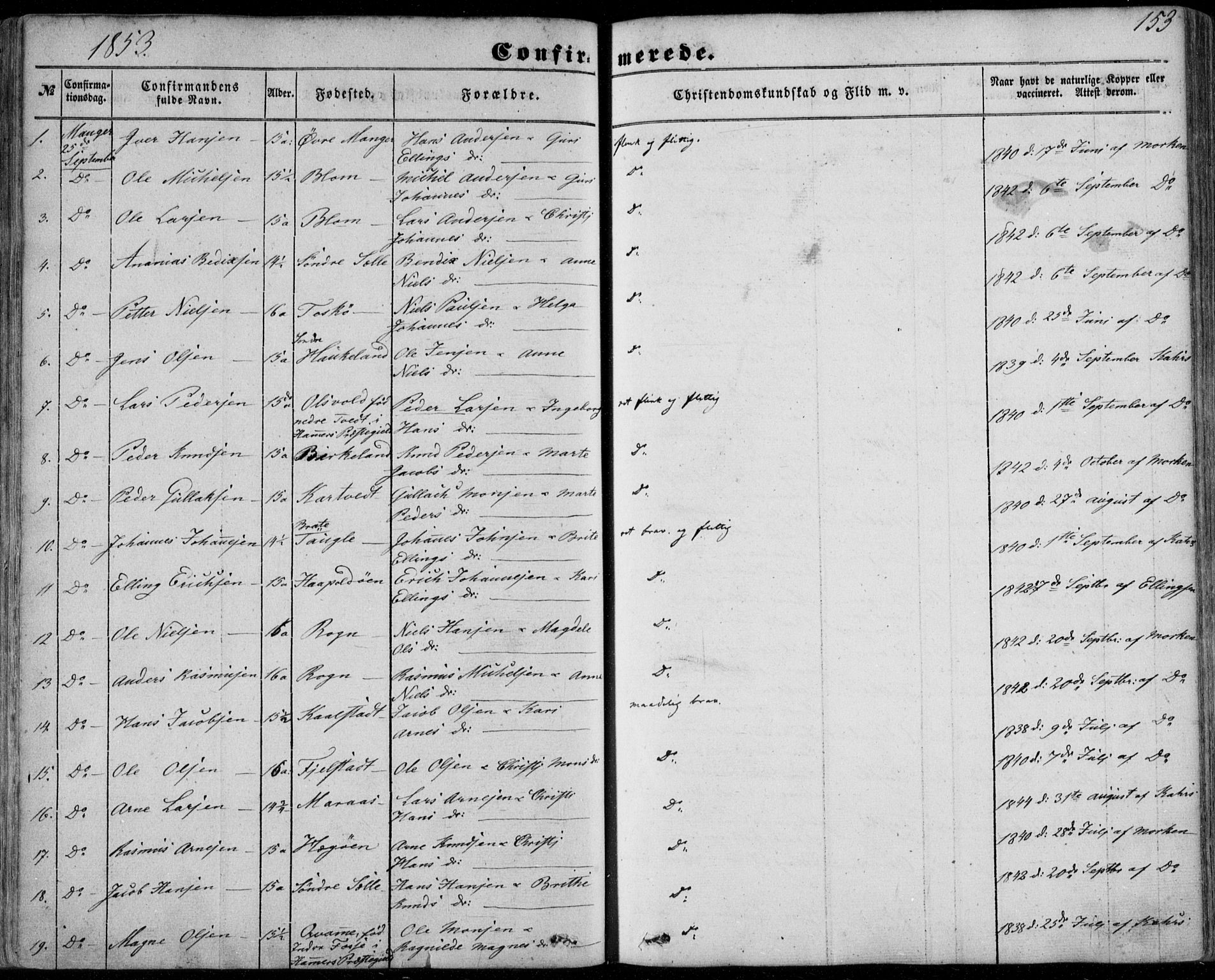 Manger sokneprestembete, SAB/A-76801/H/Haa: Parish register (official) no. A 6, 1849-1859, p. 153