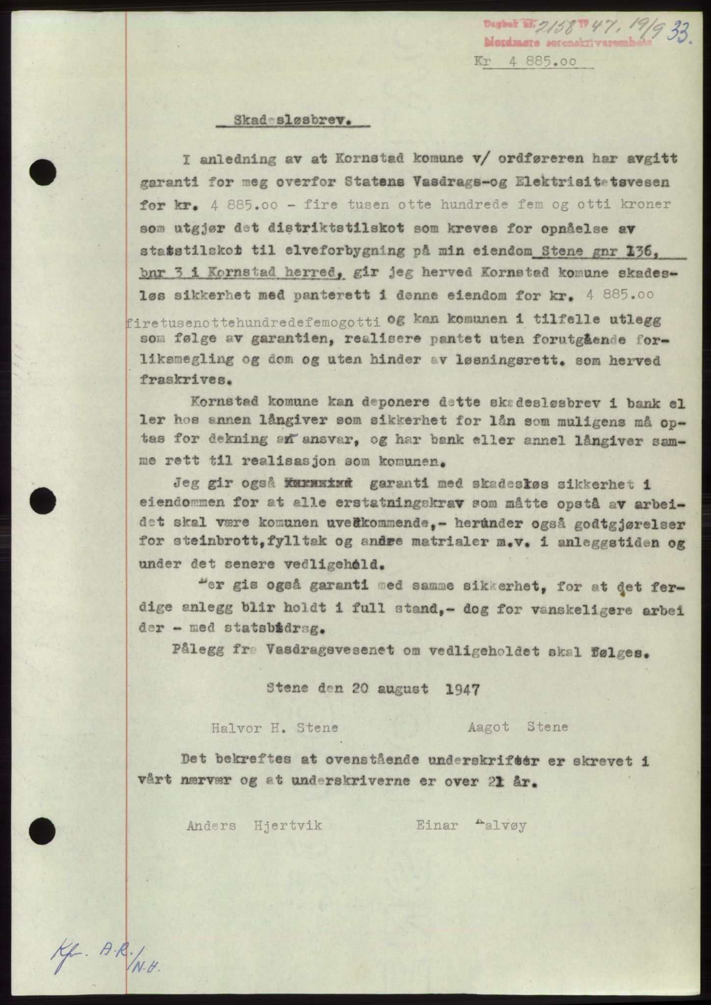 Nordmøre sorenskriveri, AV/SAT-A-4132/1/2/2Ca: Mortgage book no. B97, 1947-1948, Diary no: : 2158/1947