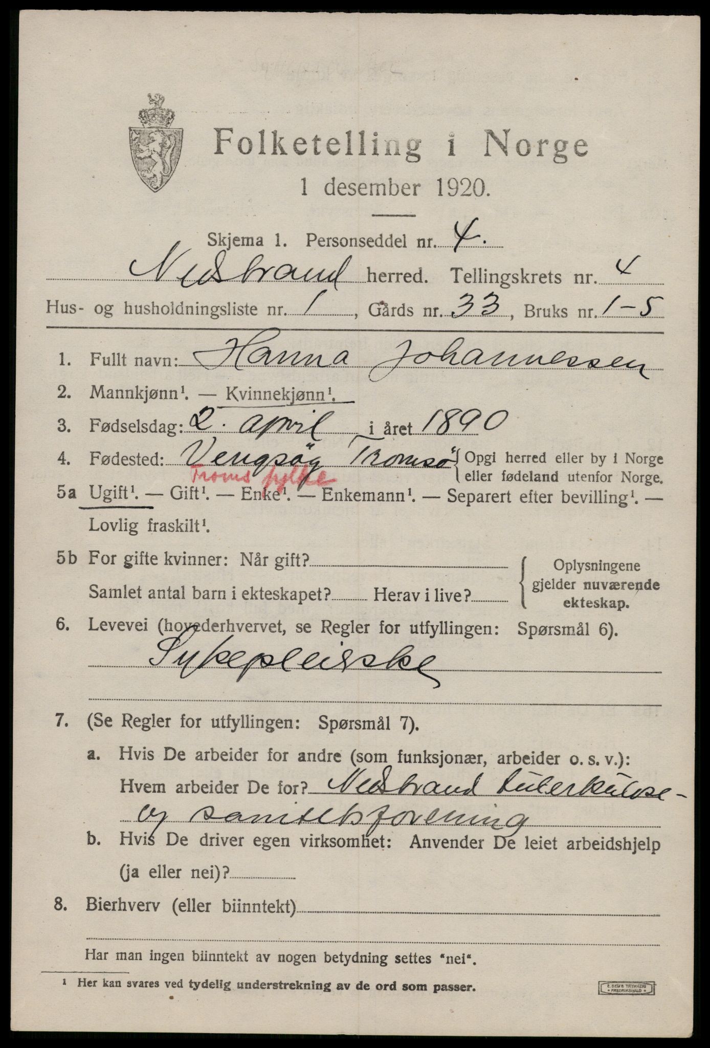SAST, 1920 census for Nedstrand, 1920, p. 1737