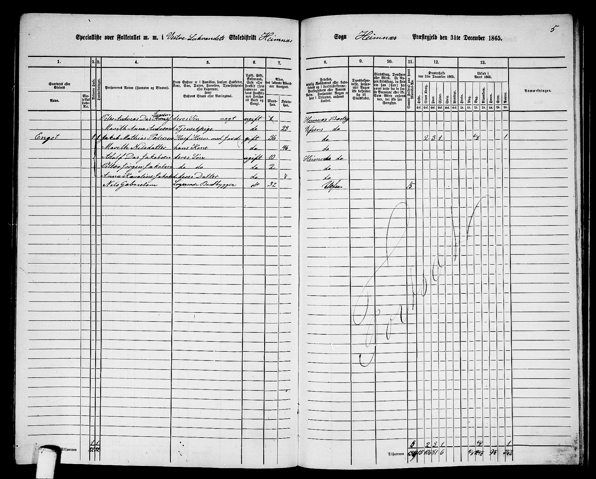 RA, 1865 census for Hemnes, 1865, p. 165