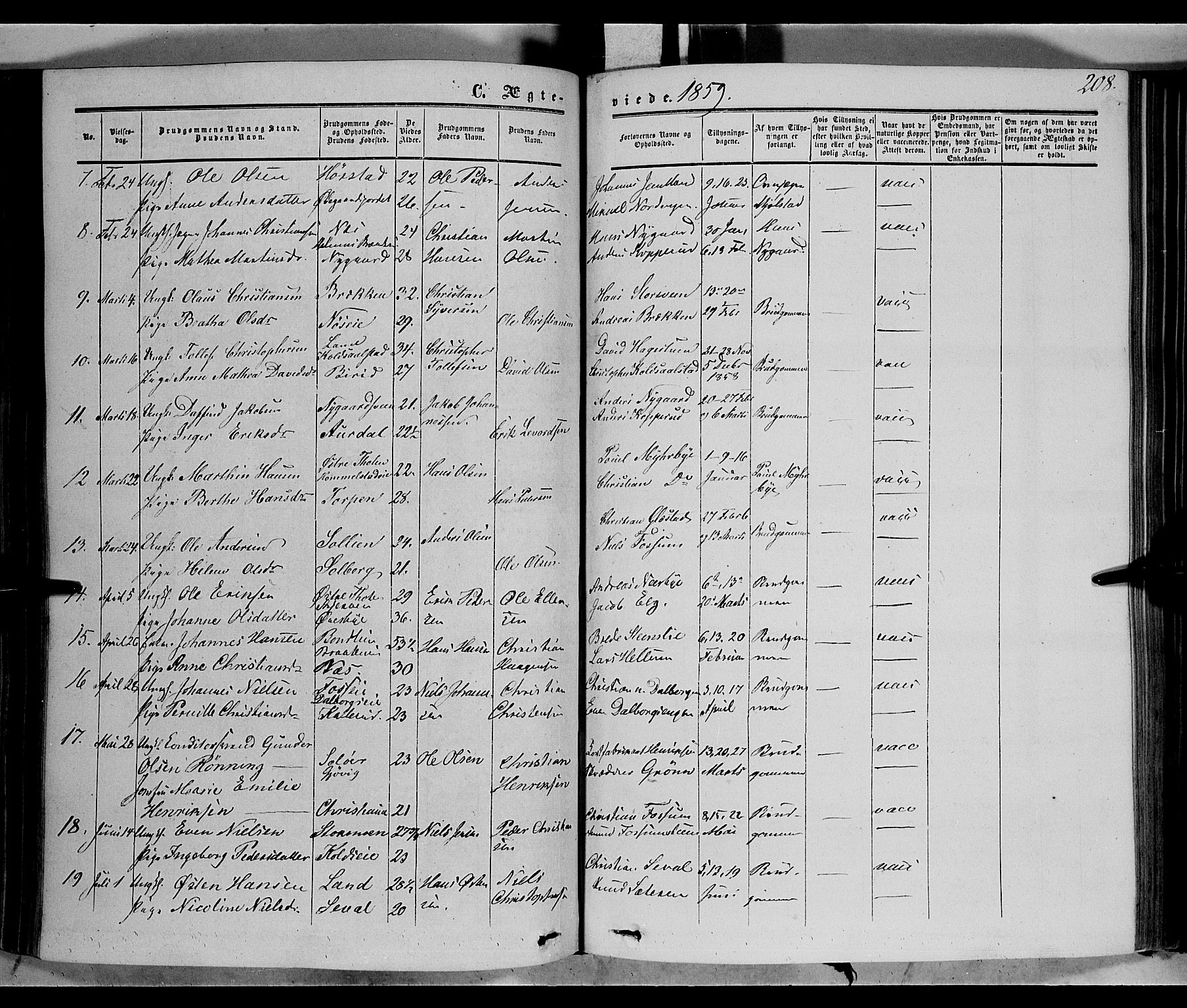 Vardal prestekontor, SAH/PREST-100/H/Ha/Haa/L0006: Parish register (official) no. 6, 1854-1866, p. 208