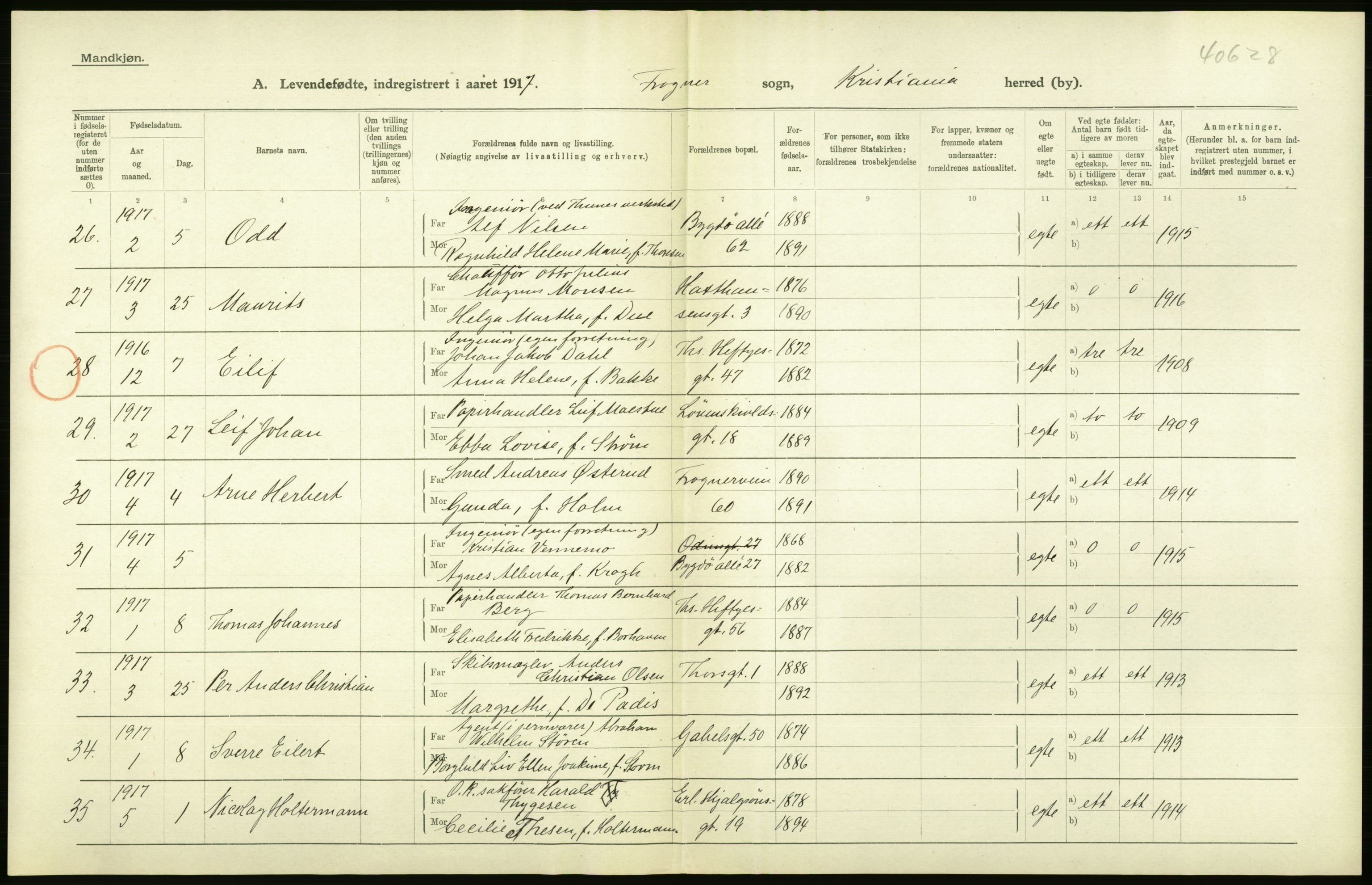 Statistisk sentralbyrå, Sosiodemografiske emner, Befolkning, AV/RA-S-2228/D/Df/Dfb/Dfbg/L0007: Kristiania: Levendefødte menn og kvinner., 1917, p. 230