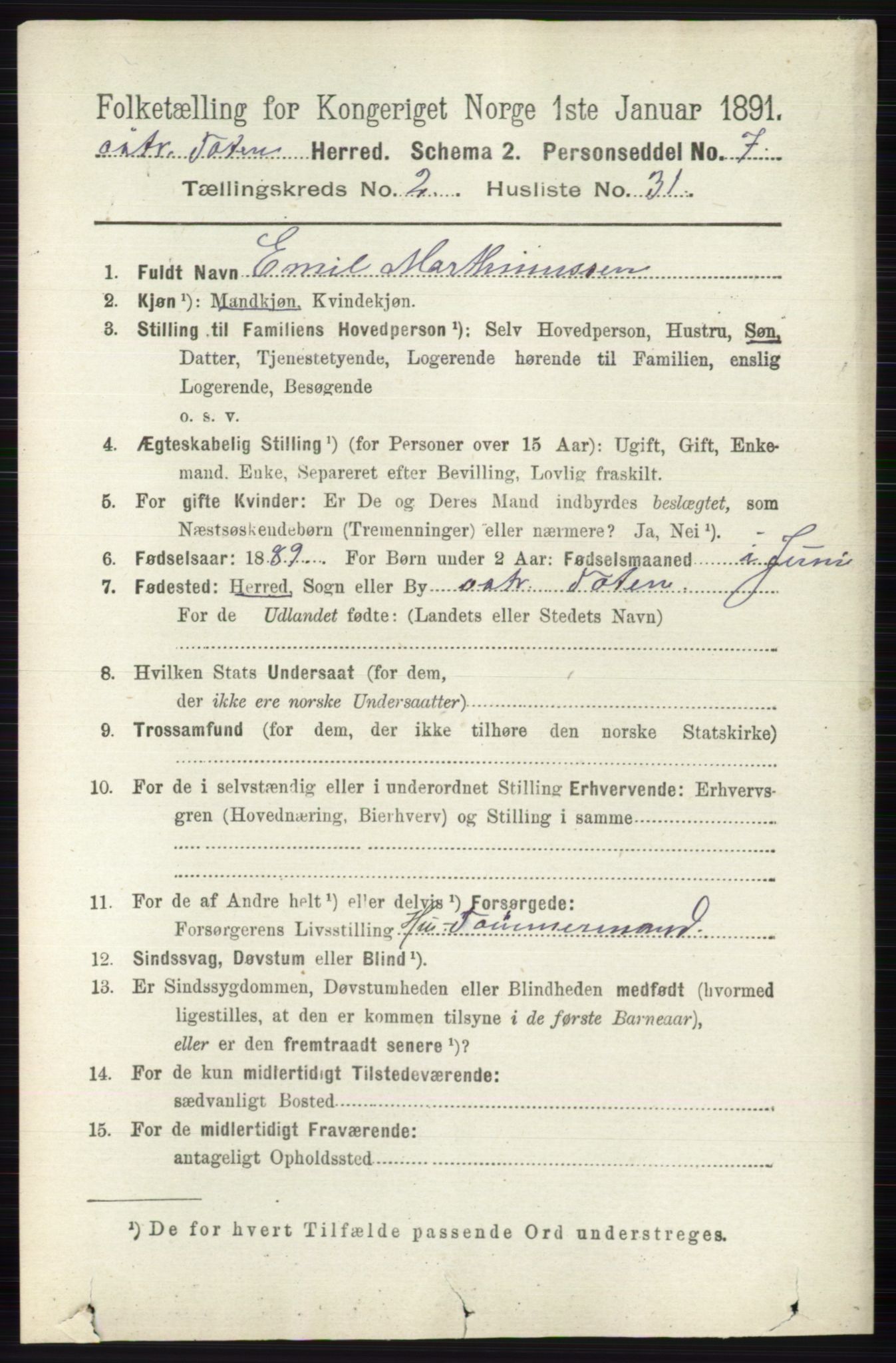 RA, 1891 census for 0528 Østre Toten, 1891, p. 961