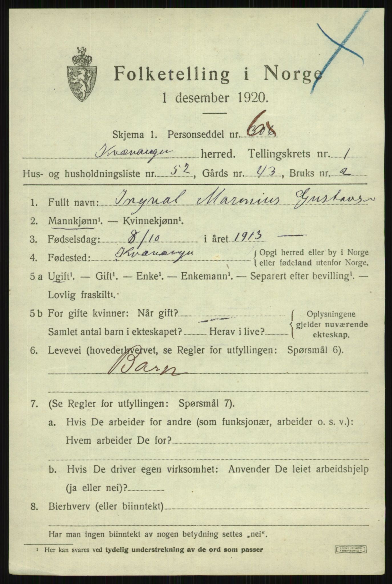 SATØ, 1920 census for Kvænangen, 1920, p. 1210