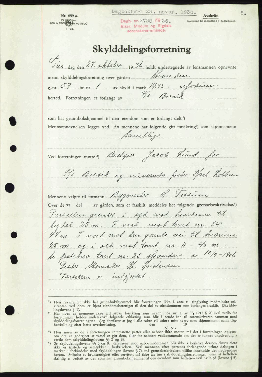 Eiker, Modum og Sigdal sorenskriveri, SAKO/A-123/G/Ga/Gab/L0034: Mortgage book no. A4, 1936-1937, Diary no: : 2728/1936