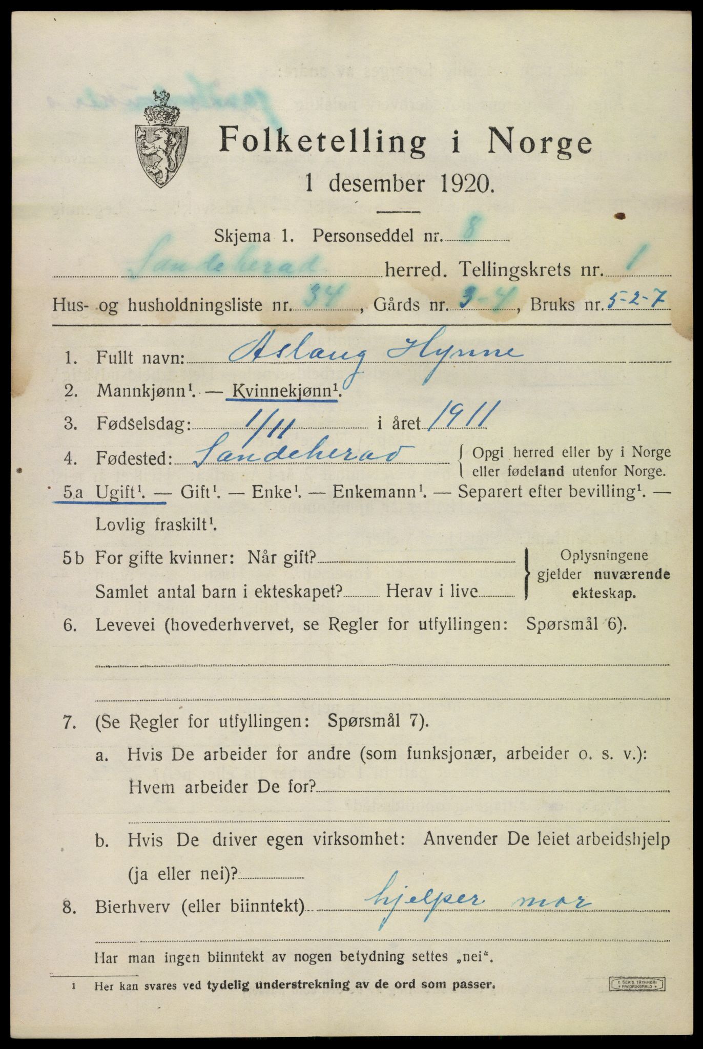 SAKO, 1920 census for Sandeherred, 1920, p. 4126