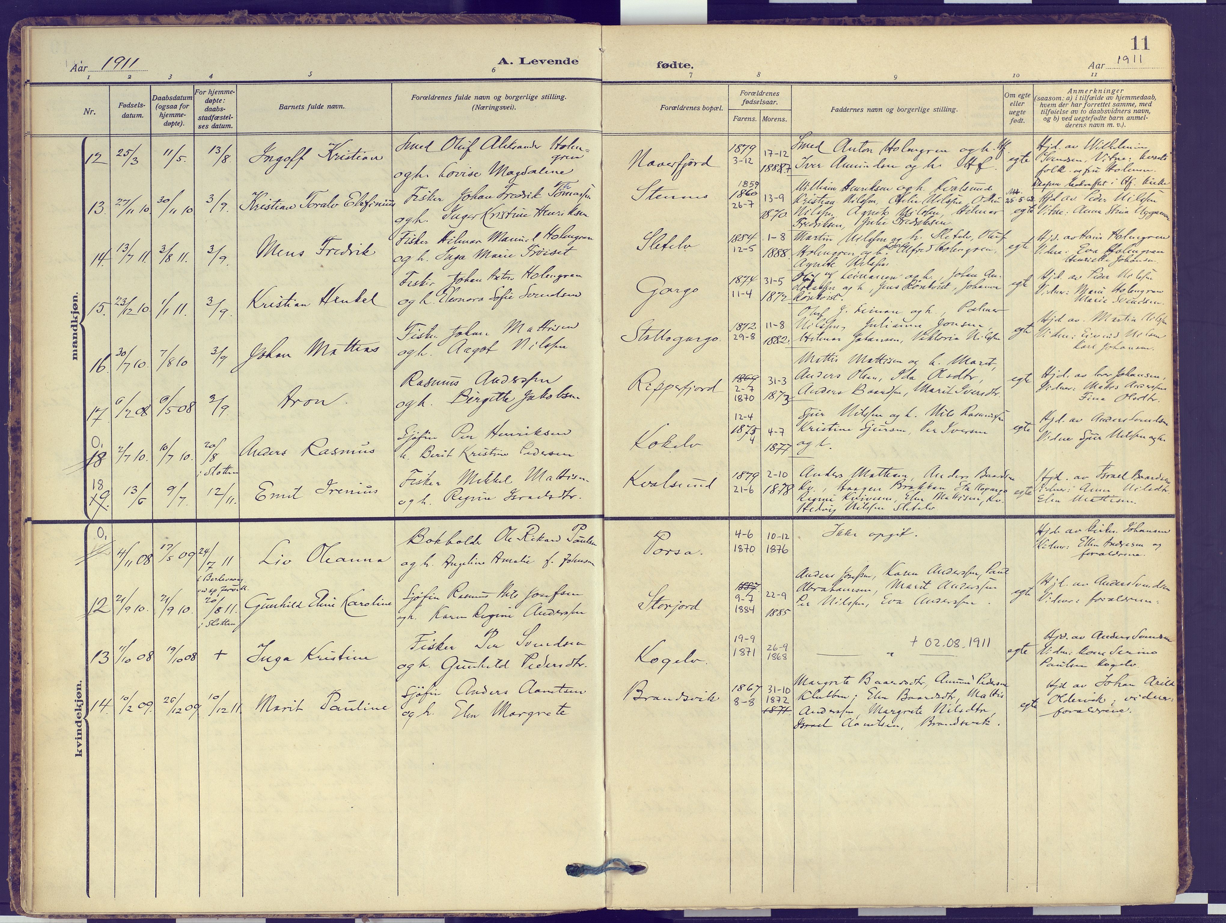 Hammerfest sokneprestkontor, AV/SATØ-S-1347/H/Ha/L0016.kirke: Parish register (official) no. 16, 1908-1923, p. 11