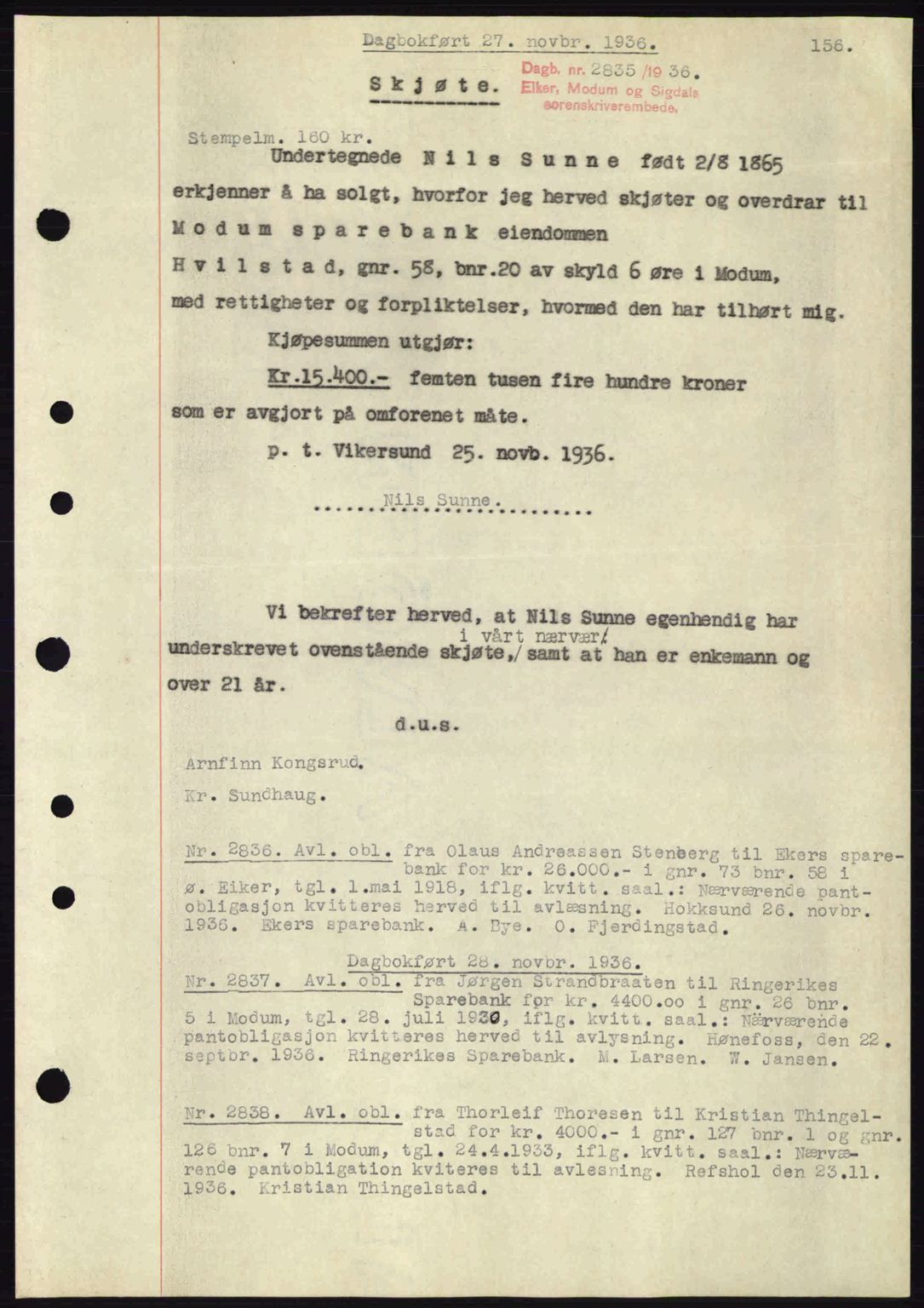 Eiker, Modum og Sigdal sorenskriveri, SAKO/A-123/G/Ga/Gab/L0034: Mortgage book no. A4, 1936-1937, Diary no: : 2835/1936