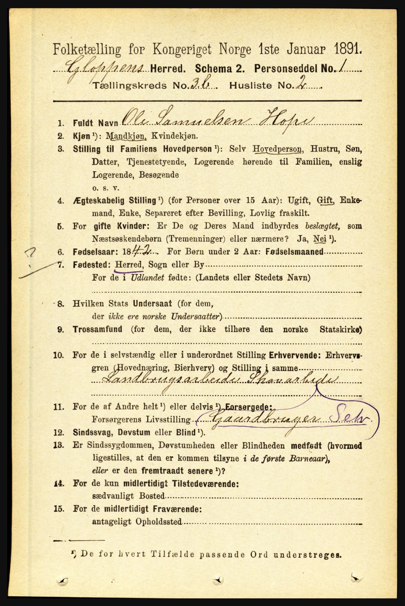 RA, 1891 census for 1445 Gloppen, 1891, p. 1456