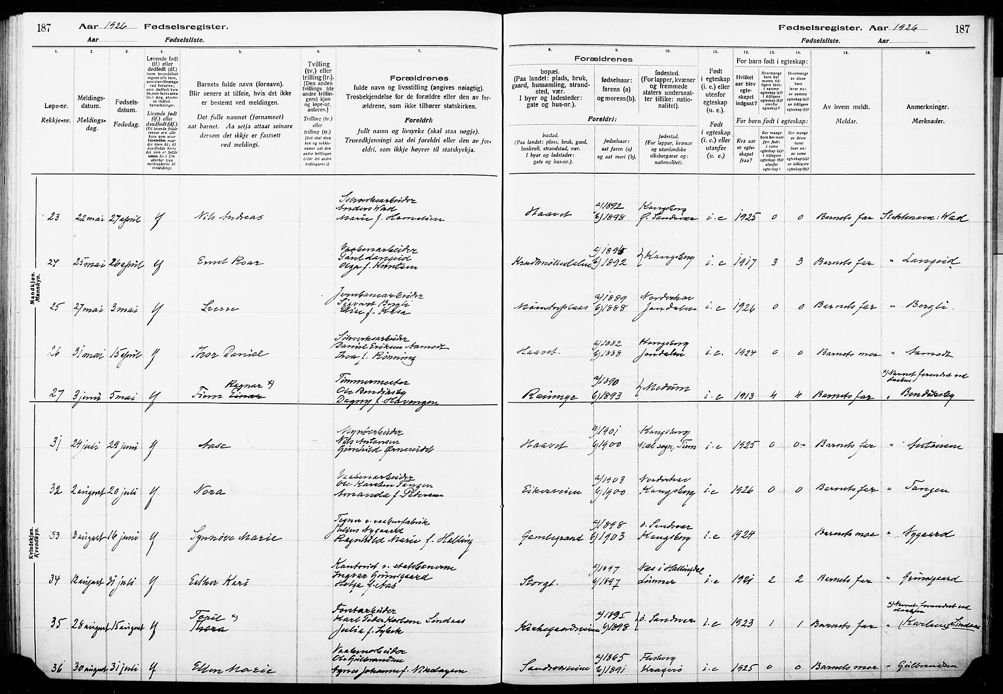 Kongsberg kirkebøker, AV/SAKO-A-22/J/Ja/L0001: Birth register no. I 1, 1916-1927, p. 187