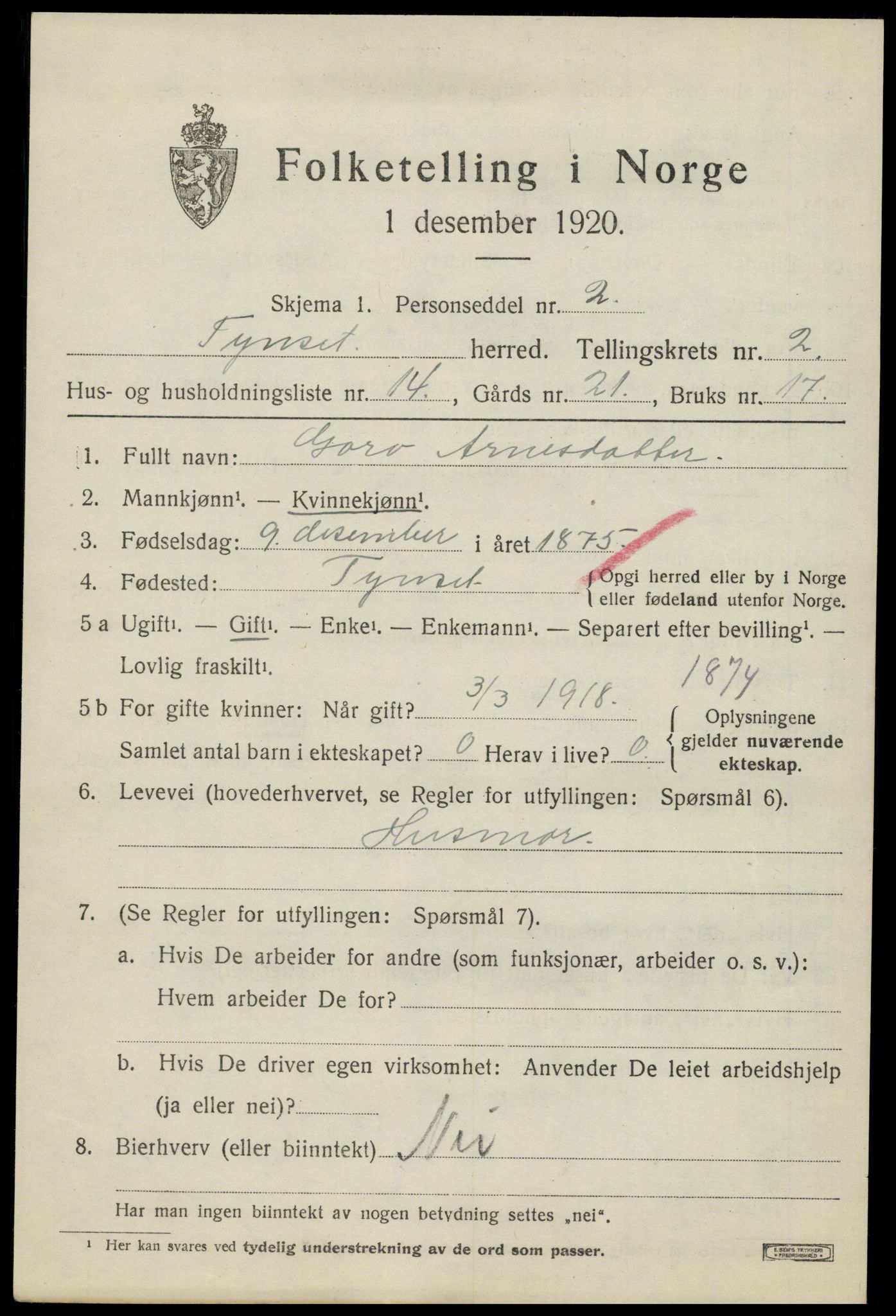 SAH, 1920 census for Tynset, 1920, p. 2448