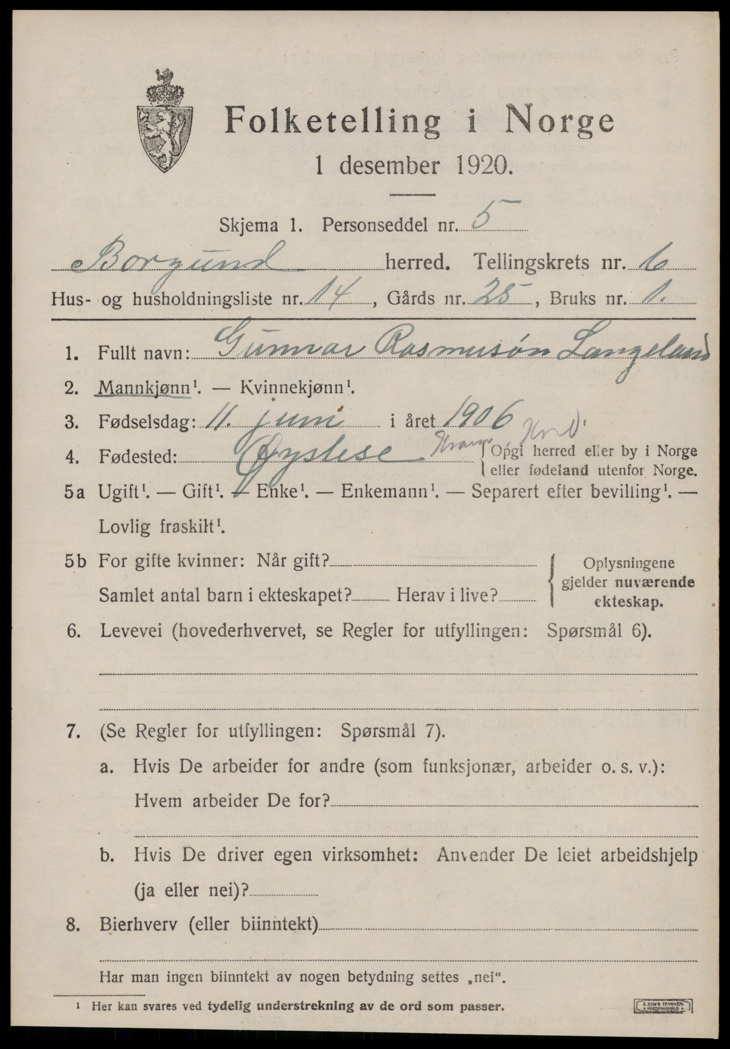 SAT, 1920 census for Borgund, 1920, p. 5296