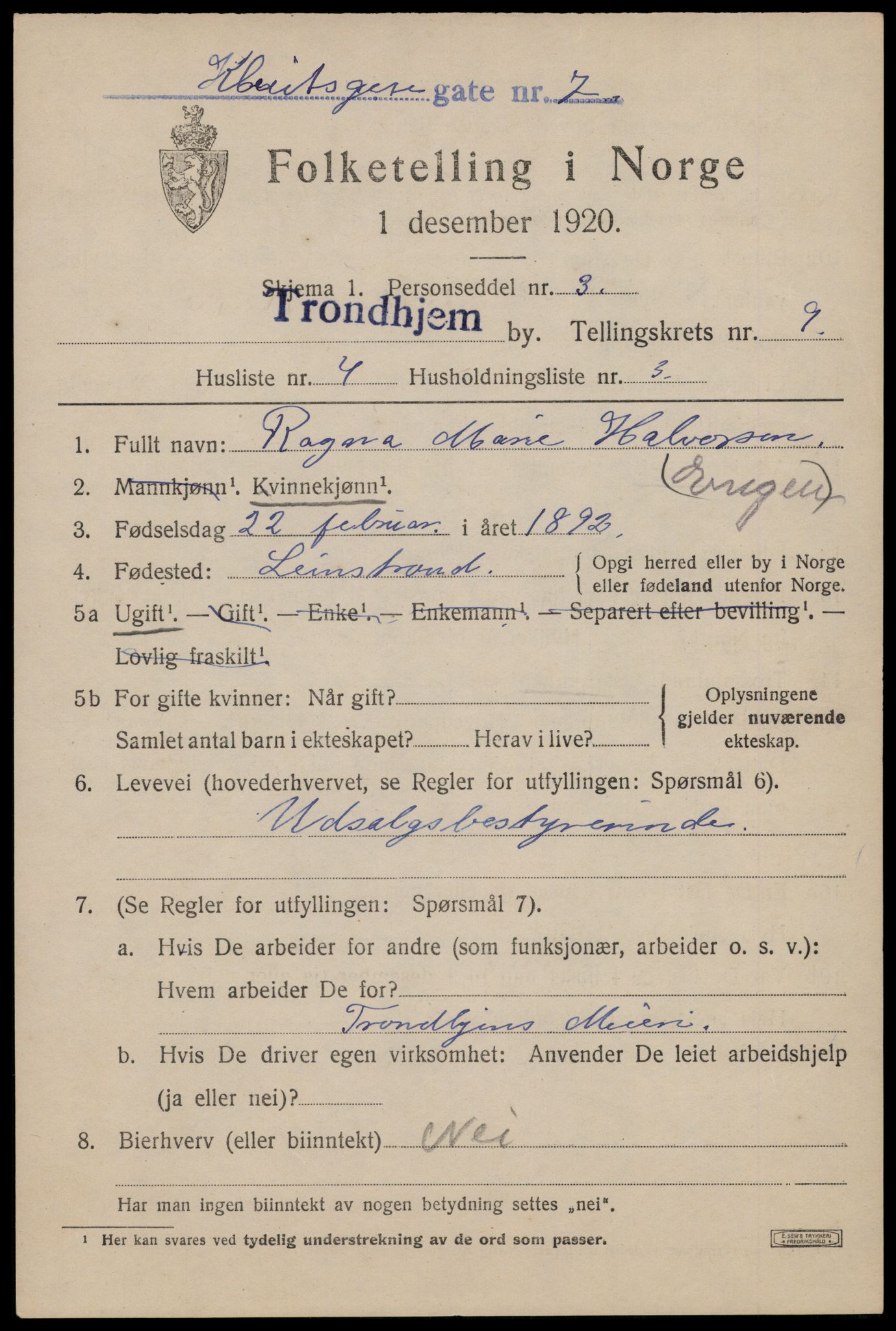 SAT, 1920 census for Trondheim, 1920, p. 44048