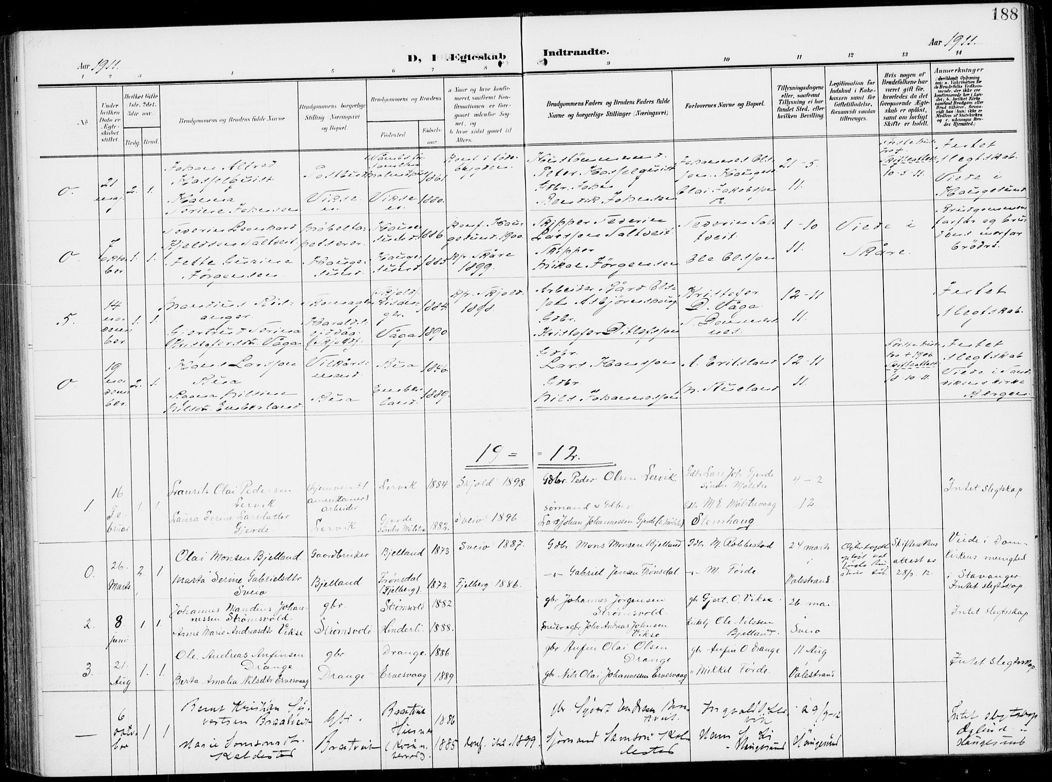 Sveio Sokneprestembete, SAB/A-78501/H/Haa: Parish register (official) no. B  4, 1906-1919, p. 188