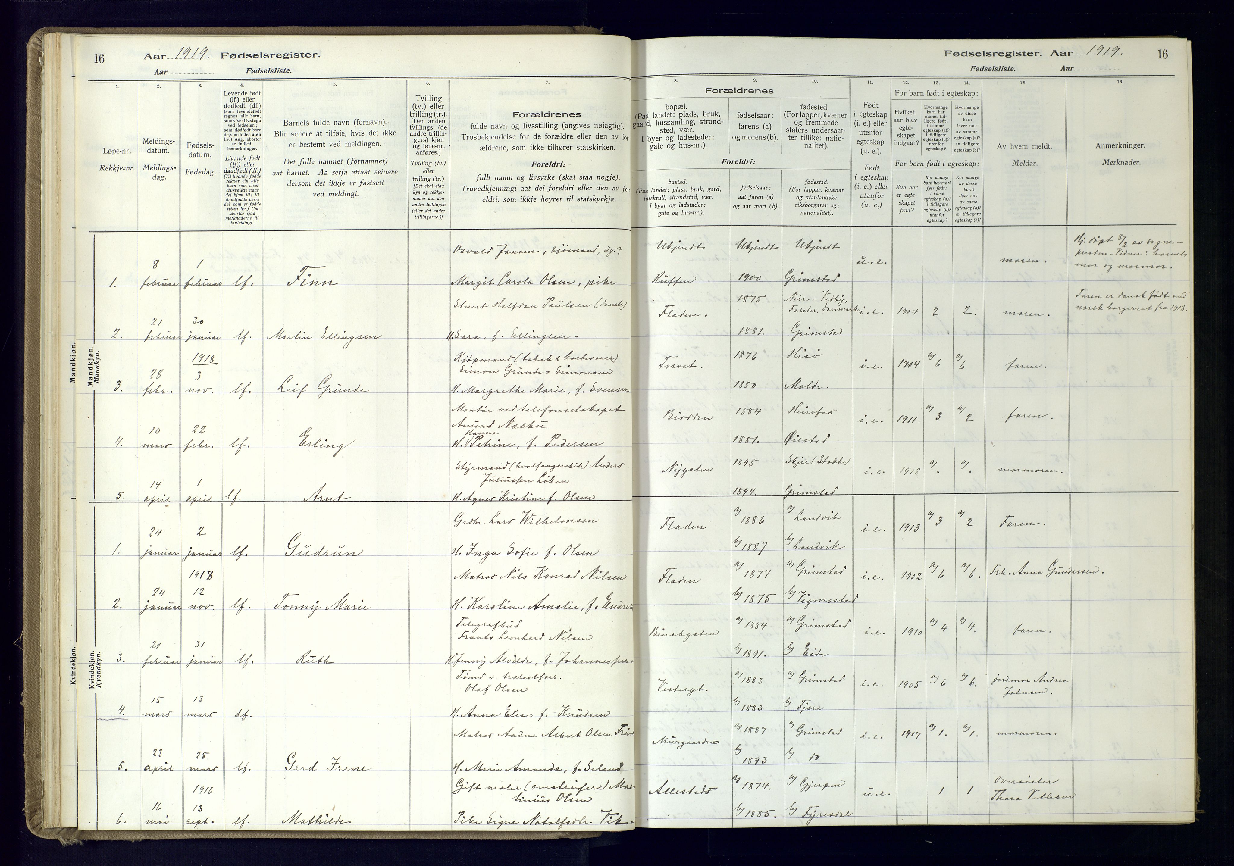 Grimstad sokneprestkontor, AV/SAK-1111-0017/J/Ja/L0001: Birth register no. 1, 1916-1960, p. 16