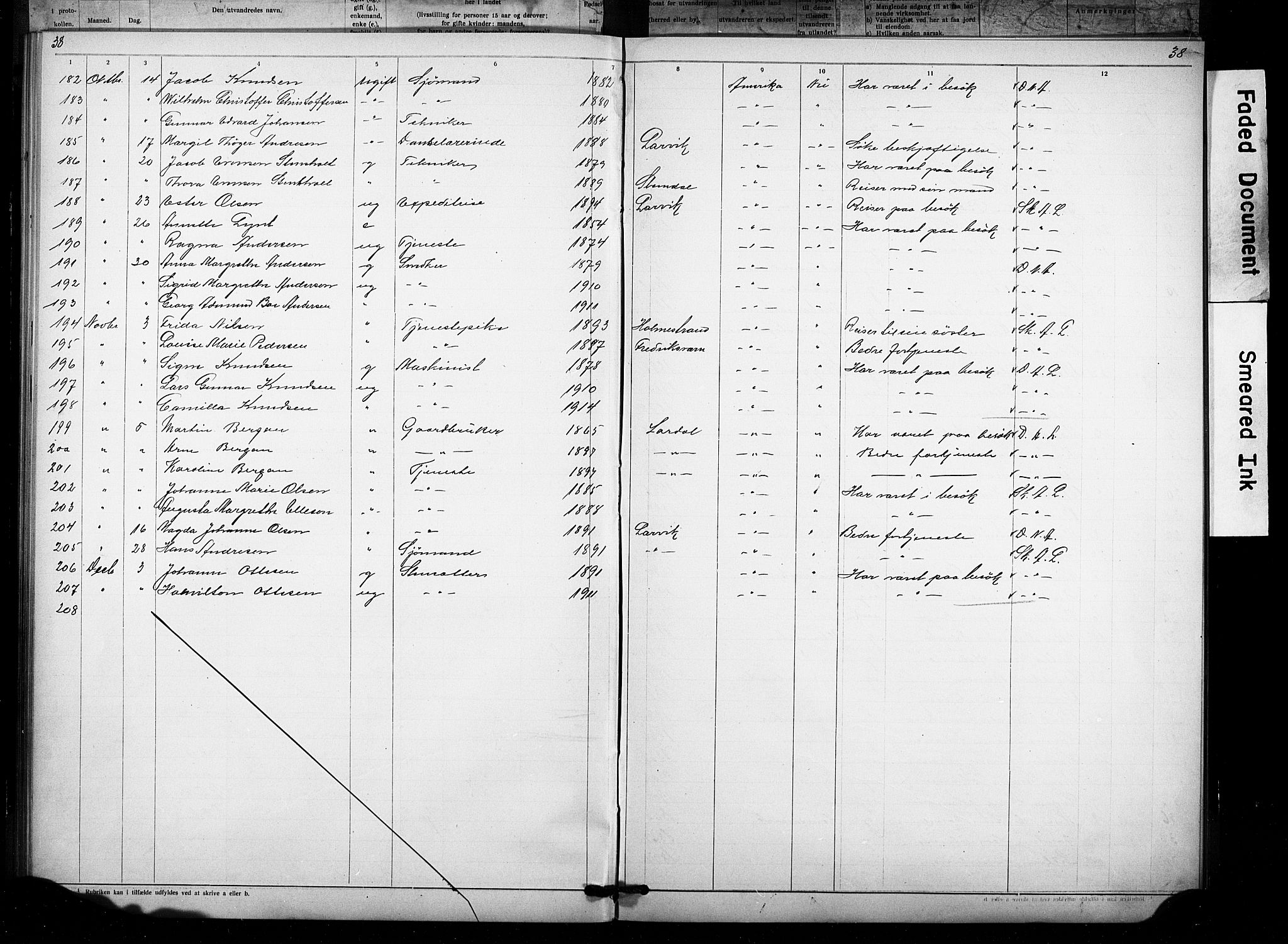 Larvik politikammer, AV/SAKO-A-738/I/Ia/Iaa/L0003: Reisekontroll. Emigrantprotokoll, 1909-1923, p. 38