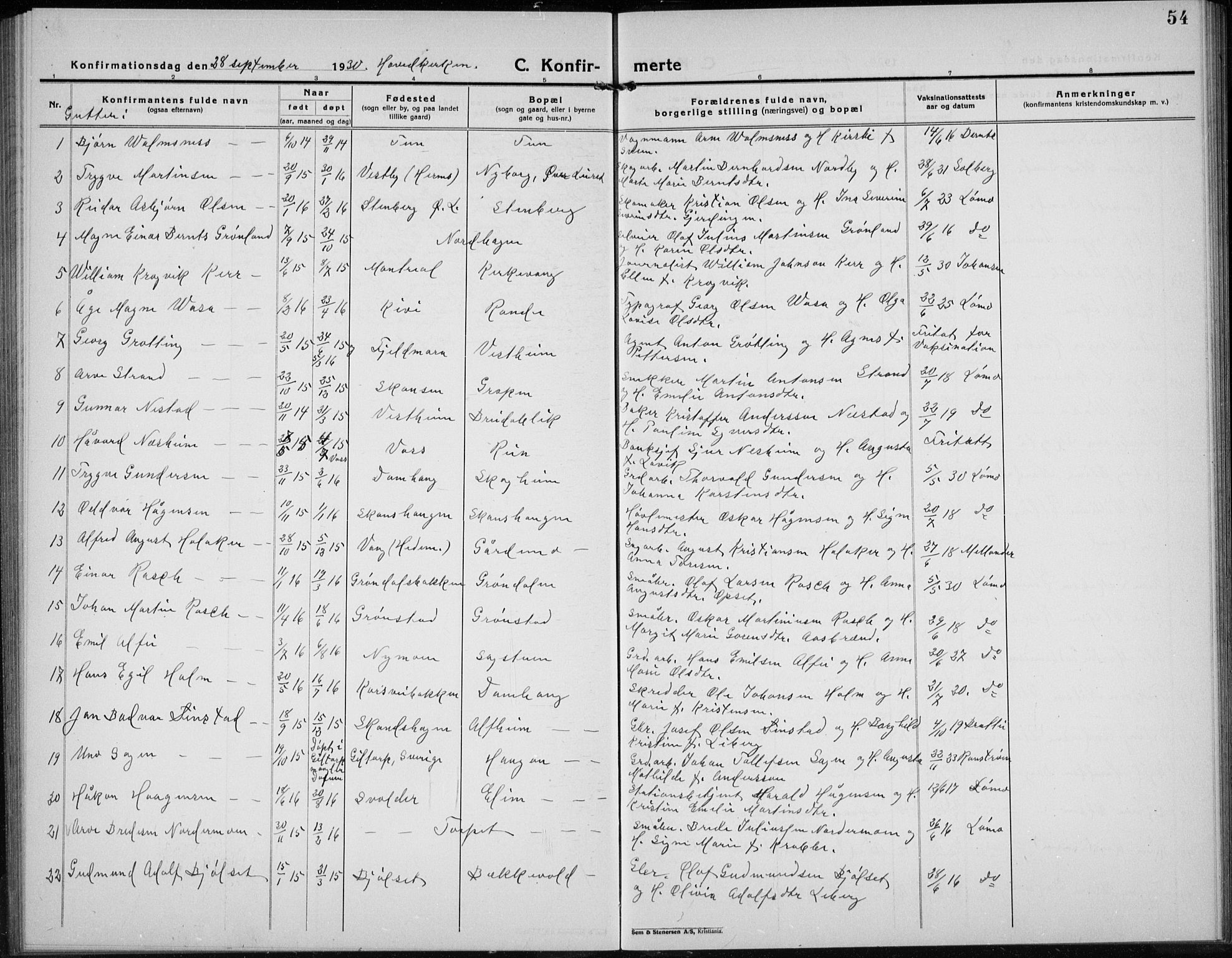 Elverum prestekontor, AV/SAH-PREST-044/H/Ha/Hab/L0032: Parish register (copy) no. 32, 1922-1936, p. 54