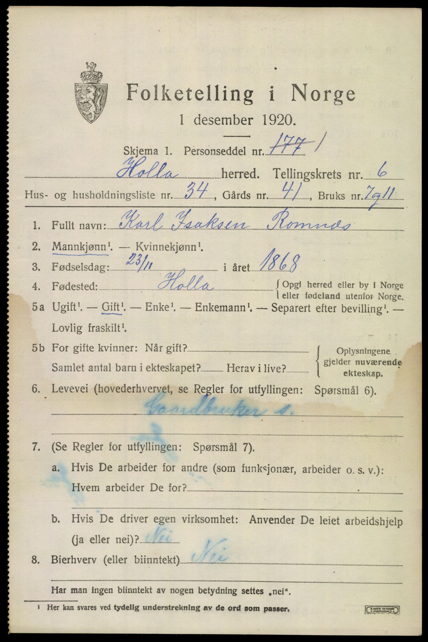 SAKO, 1920 census for Holla, 1920, p. 4761