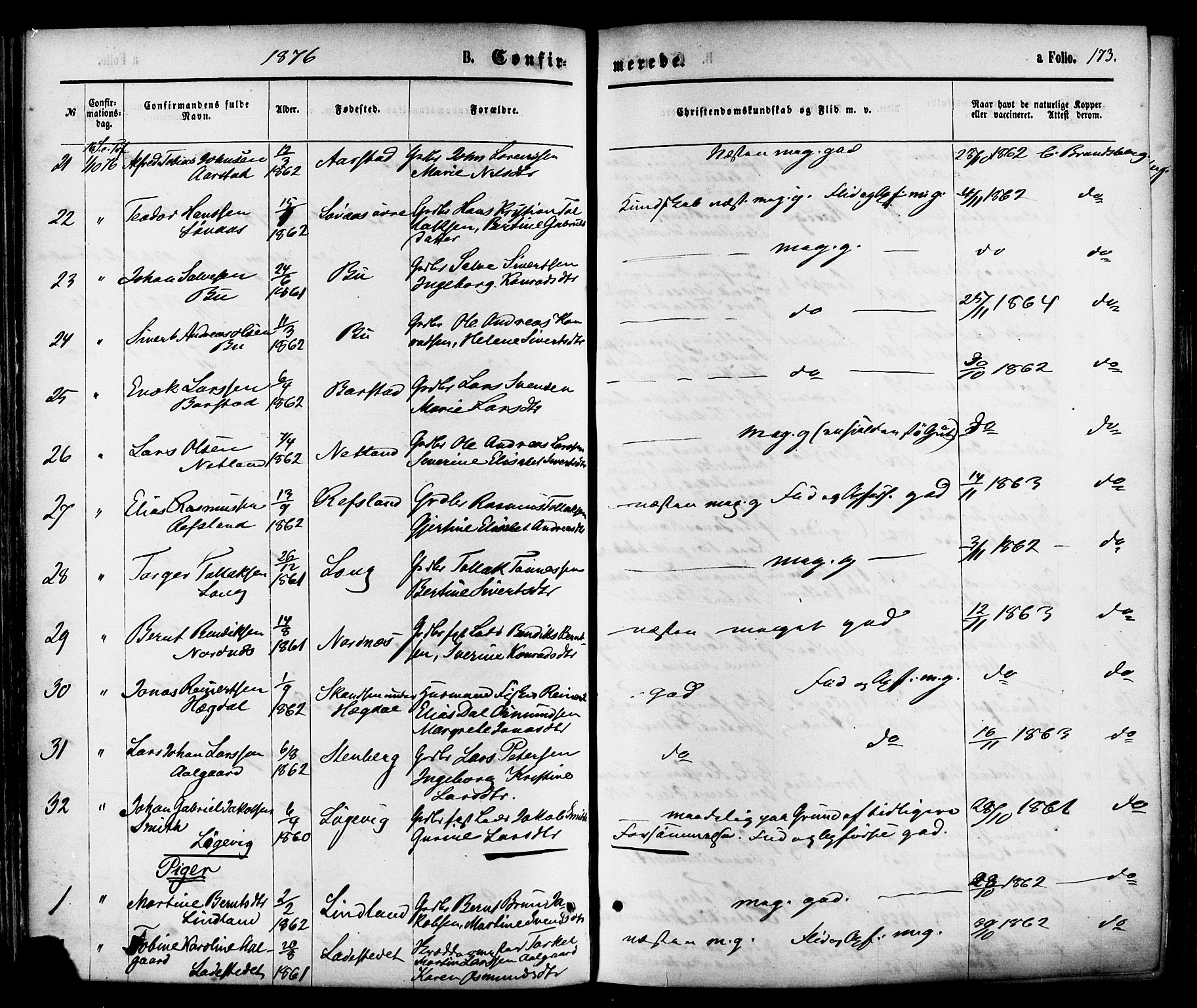 Sokndal sokneprestkontor, AV/SAST-A-101808: Parish register (official) no. A 10, 1874-1886, p. 173