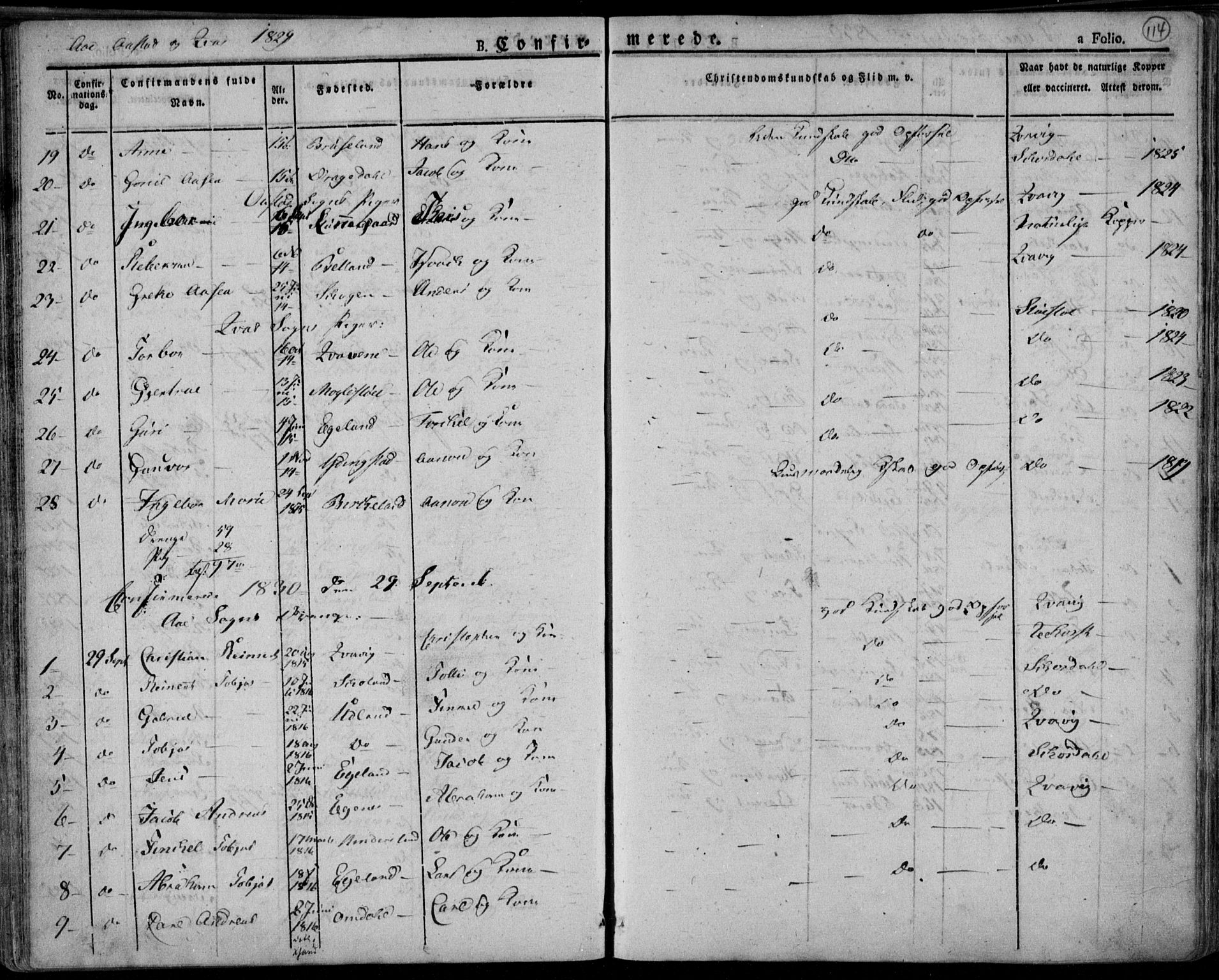 Lyngdal sokneprestkontor, AV/SAK-1111-0029/F/Fa/Fac/L0007: Parish register (official) no. A 7, 1825-1838, p. 114