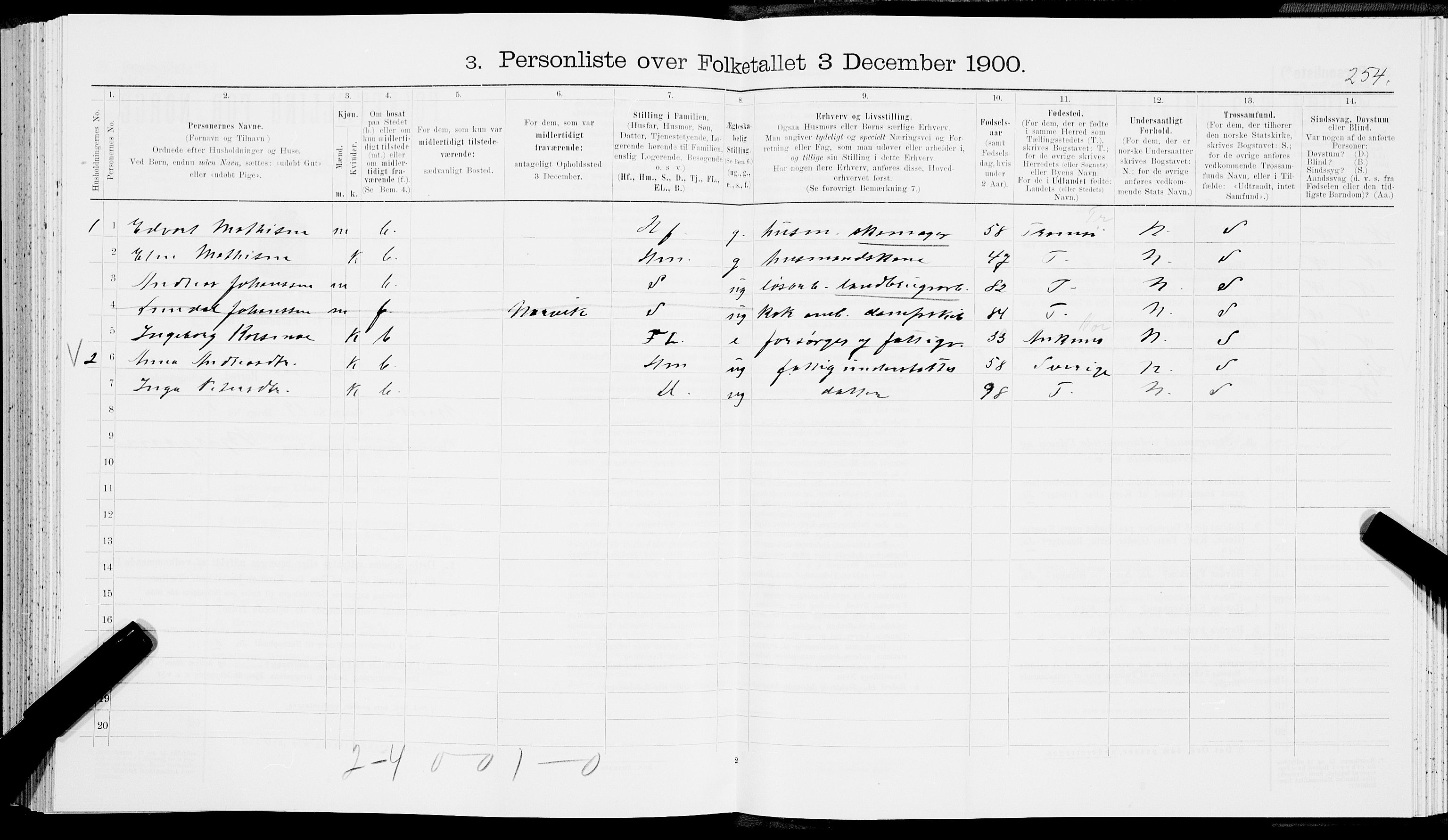 SAT, 1900 census for Evenes, 1900, p. 280