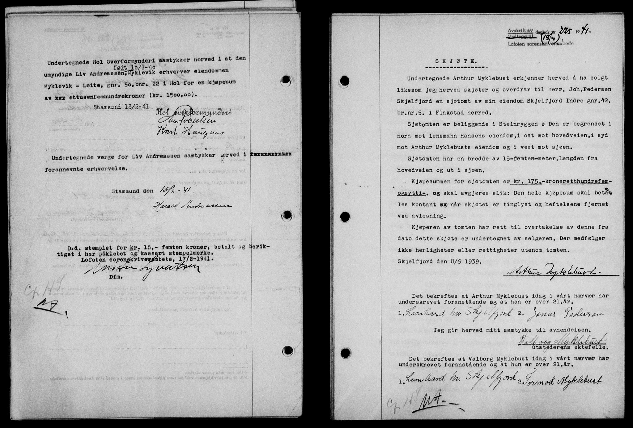 Lofoten sorenskriveri, SAT/A-0017/1/2/2C/L0008a: Mortgage book no. 8a, 1940-1941, Diary no: : 225/1941