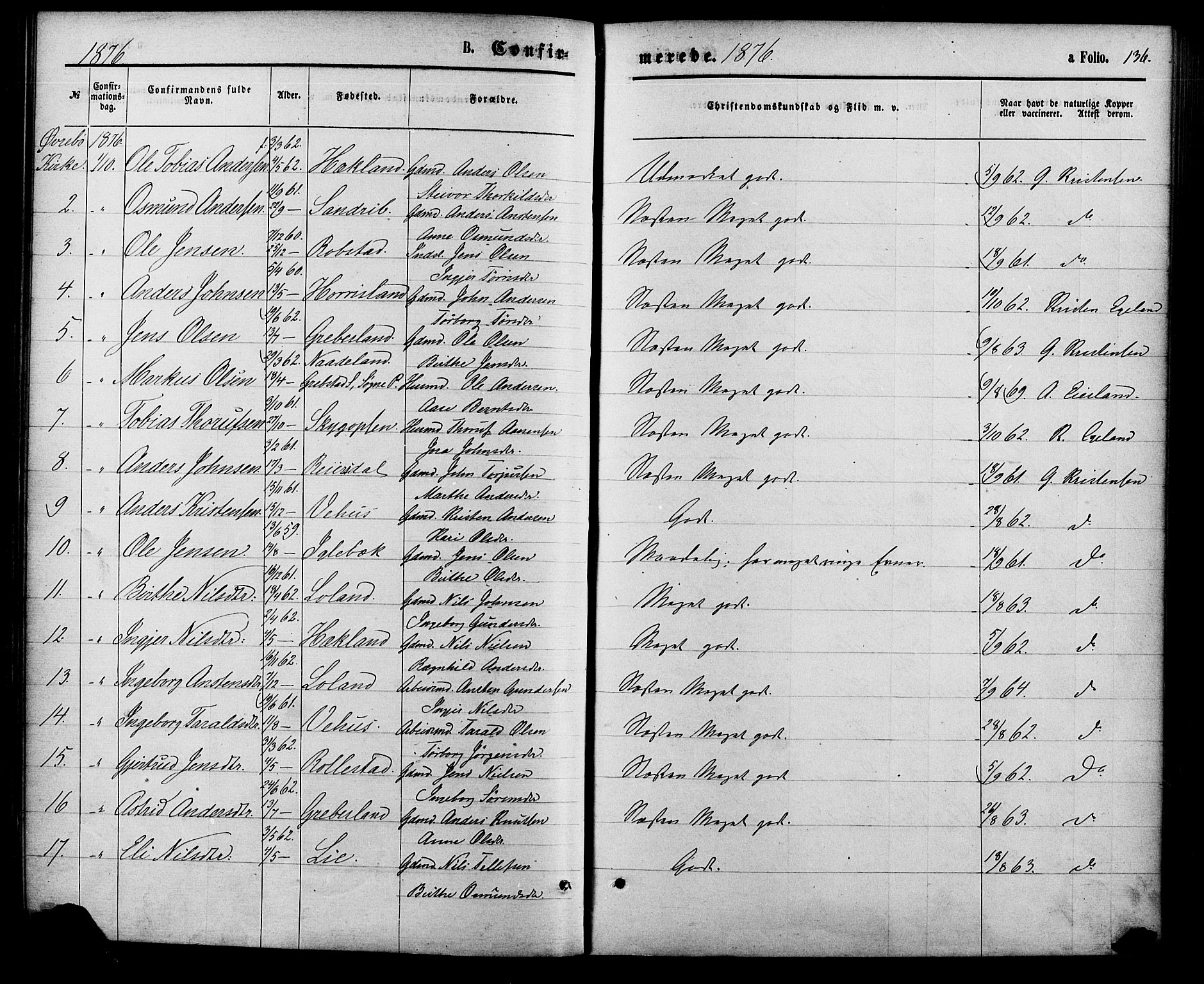 Vennesla sokneprestkontor, AV/SAK-1111-0045/Fa/Fac/L0008: Parish register (official) no. A 8, 1874-1883, p. 136