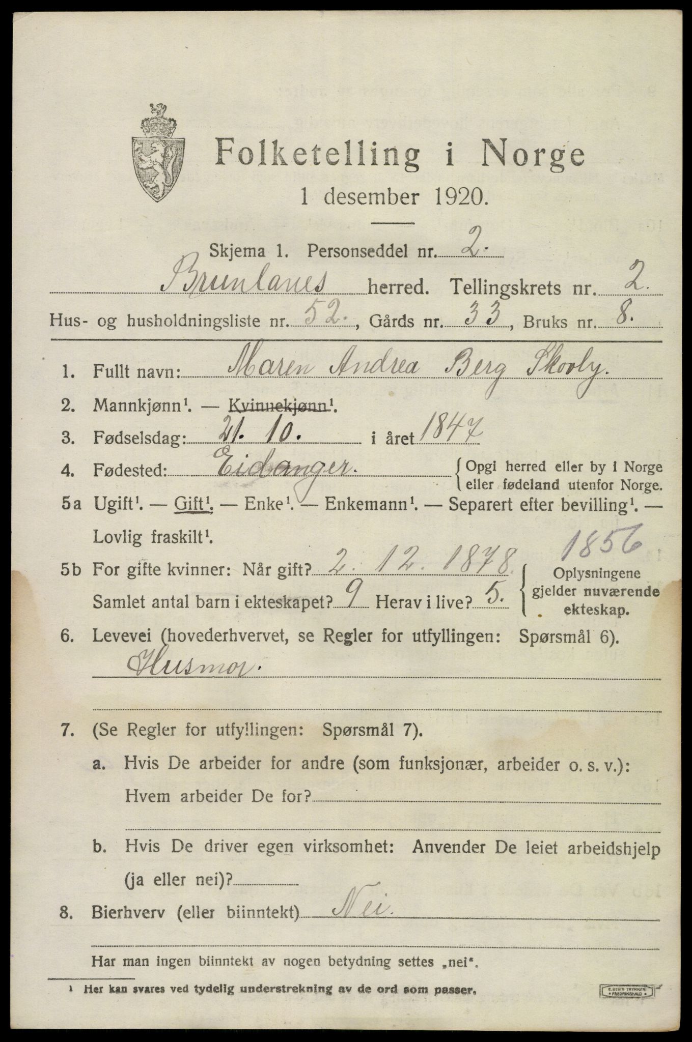 SAKO, 1920 census for Brunlanes, 1920, p. 3857