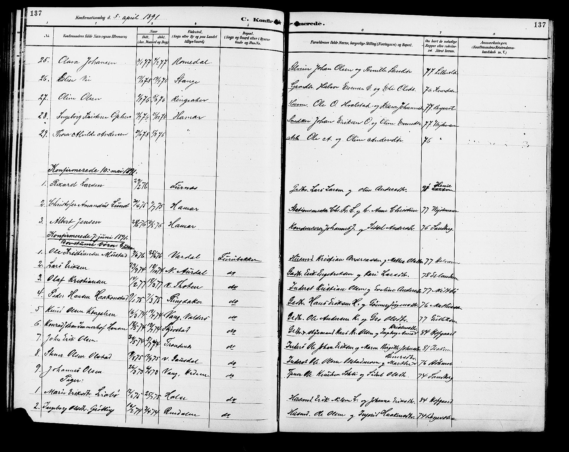 Vang prestekontor, Hedmark, SAH/PREST-008/H/Ha/Hab/L0013: Parish register (copy) no. 13, 1890-1899, p. 137