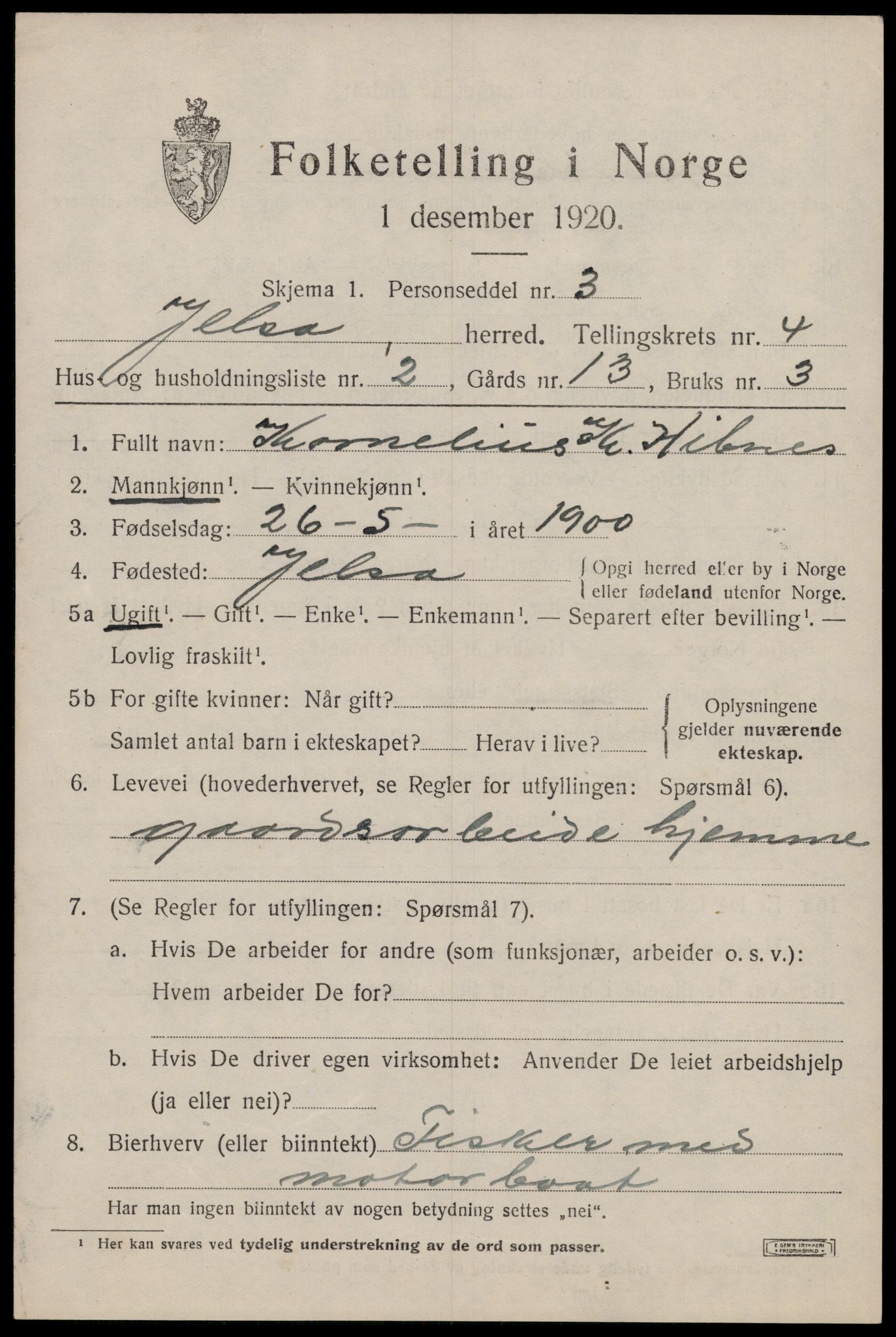 SAST, 1920 census for Jelsa, 1920, p. 1188