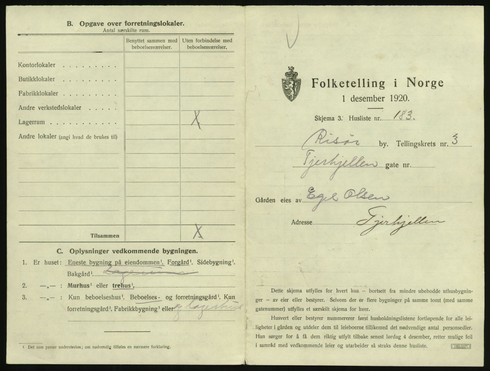 SAK, 1920 census for Risør, 1920, p. 1309